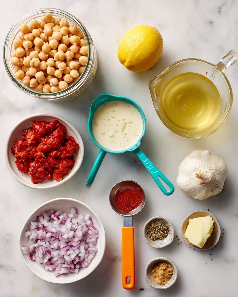 The image shows ingredients arranged on a white marbled surface for a recipe. In the center top is a glass jar filled with beige chickpeas, next to it on the right is a clear plastic measuring cup holding yellowish vegetable stock. Below the jar is a turquoise-handled metal measuring cup filled with white heavy cream, and to the left of it, an orange-handled metal measuring spoon with a bright red tomato paste. In the bottom left corner, there is a white bowl filled with finely chopped red onions, while nearby is a brown sugar-filled metal measuring spoon. To the right of the onion bowl sits a white small bowl with crushed red tomatoes from an open can placed beside it. Above these, a halved yellow lemon rests next to a small white bowl holding minced garlic and ginger. Near the bottom right edge, a metal spoon holds a pale yellow scoop of butter, and a small white bowl beside it contains mixed brown spices. All objects sit neatly on the white marbled surface, well lit from above, creating a clear and organized view of the ingredients photo taken with an iphone --ar 4:5 --v 7