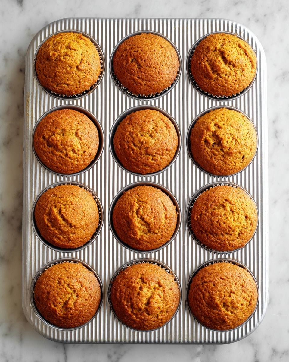 A tray with twelve golden-brown muffins, each round and slightly cracked on top, sitting in a silver metal muffin pan with a ridged texture. The muffins have a warm, slightly rough surface showing they are freshly baked. The pan rests on a white marbled surface that adds a clean and bright background contrast to the baked goods photo taken with an iphone --ar 4:5 --v 7
