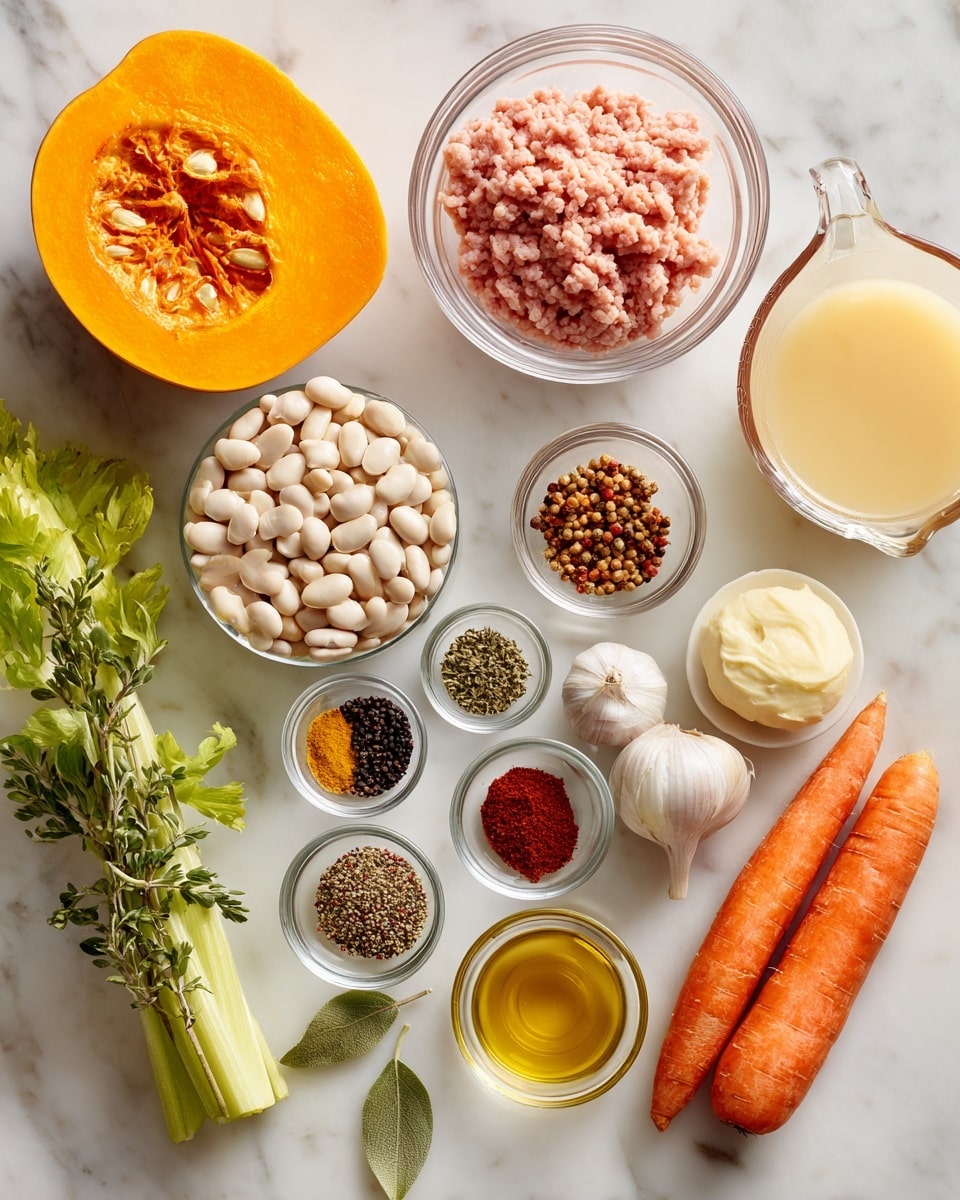 A top view shows various cooking ingredients neatly arranged on a white marbled surface, each in clear glass bowls or placed directly on the surface. The largest item is a bright orange pumpkin slice with visible seeds in the top left center. Above it, a bowl holds pink ground chicken with a soft texture. To the right, a clear measuring cup is filled with pale yellow chicken broth, next to a smaller cup with white cream. Below the broth, a bowl is full of off-white beans, while to the right, two smooth orange carrots and a small round onion rest directly on the surface. Near the bottom center, celery stalks with pale green leaves lay diagonally. Small glass bowls contain vibrant spices: dark green oregano and thyme, reddish smoked paprika and brown cumin, black chipotle flakes, and a mix of salt and black pepper. A few garlic cloves are clustered near the carrots and onion. A round scoop of pale yellow unsalted butter and a small glass bowl of golden olive oil complete the setup. The scene is clear and bright, with all elements framed neatly, photo taken with an iphone --ar 4:5 --v 7