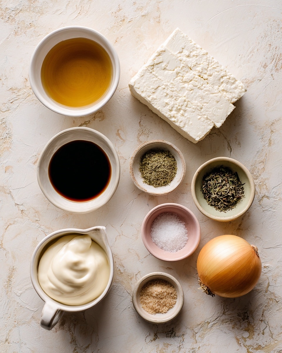 The image shows ingredients laid out on a surface with a white marbled texture. There is a block of smooth silken tofu at the top right, pale off-white in color with a soft, creamy texture. To the left is a small white bowl filled with translucent golden apple cider vinegar. Below the vinegar is another bowl with dark brown soy sauce. At the bottom left, a white cup holds thick, creamy vegan mayo. To the right of the mayo is a small pink bowl with dried parsley flakes, dark green in color. Nearby is a yellow onion with a textured, papery skin, and another onion closer to the bottom right. Small bowls around the bottom hold white salt, light brown garlic powder, and dried oregano with greenish-brown leaves. Each ingredient is clearly labeled with text above or near it. photo taken with an iphone --ar 4:5 --v 7