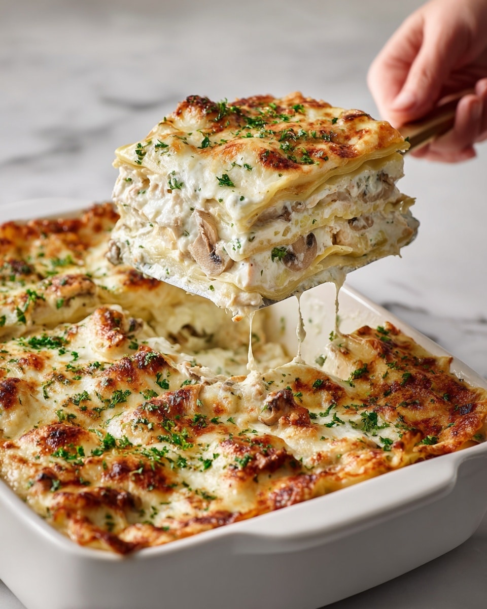 A white rectangular baking dish filled with creamy white lasagna layered several times; each layer shows a thick white sauce with bits of green herbs and small pieces of mushrooms and chicken, topped with a smooth, lightly browned cheese layer sprinkled with green herb bits. A woman's hand holds a spatula lifting one piece, showing the distinct layers of white sauce and filling inside, all set on a white marbled surface. photo taken with an iphone --ar 4:5 --v 7