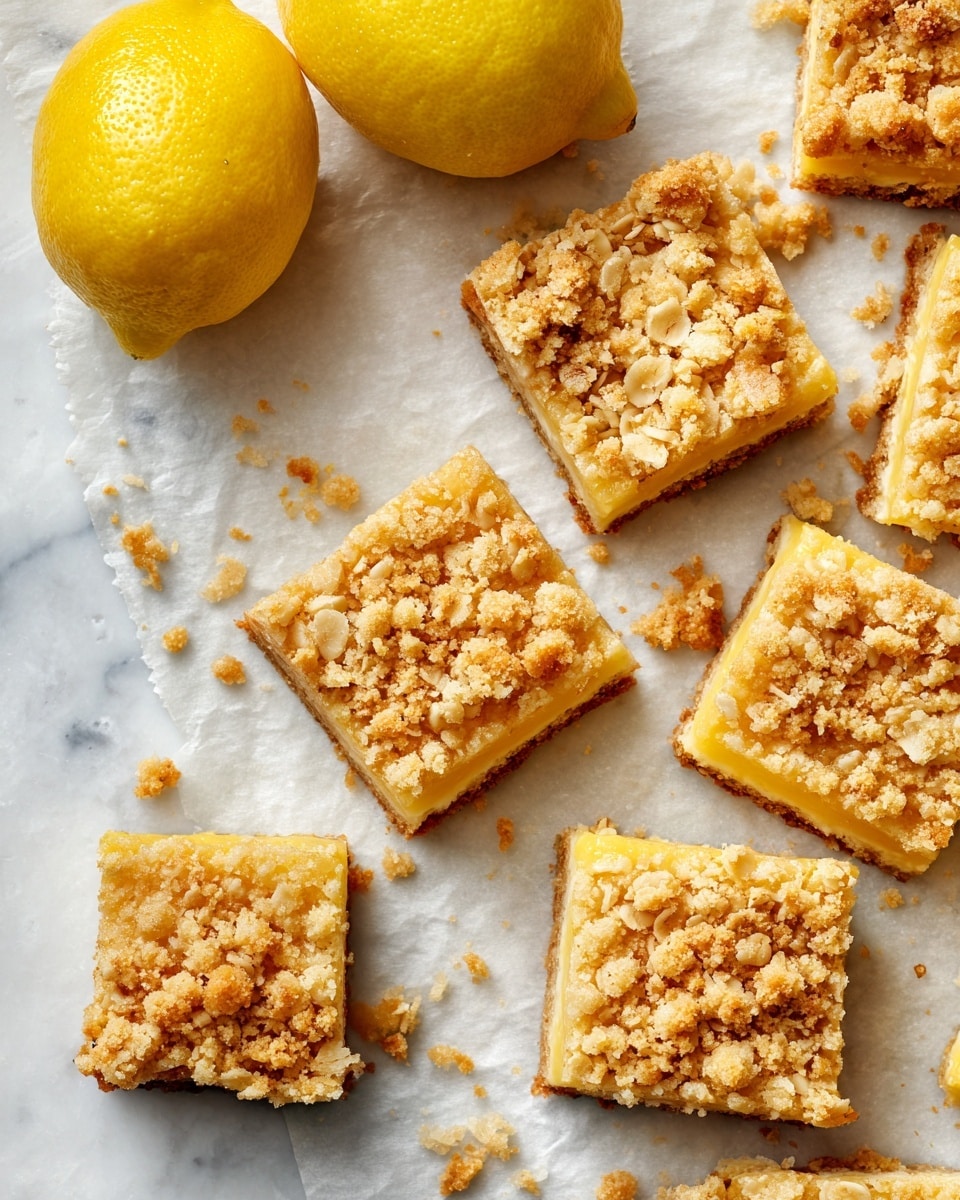 The image shows a batch of lemon oat bars cut into small squares arranged on white parchment paper over a white marbled surface. The bars have two layers: a light yellow base layer with a smooth texture, and a golden crumbly topping full of oat flakes and small chunks. The bars are slightly unevenly spaced, with some crumbs scattered around. Two whole bright yellow lemons sit at the upper left corner, adding a pop of color. Photo taken with an iphone --ar 4:5 --v 7