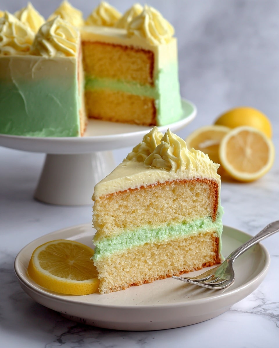A two-layer yellow cake slice is on a white plate, showing a light and fluffy texture. The cake is covered with two layers of thick frosting; the bottom layer of frosting is light green, and the top layer is pale yellow with a creamy and smooth texture. A fresh lemon wedge rests against the slice on the plate. In the background, a whole cake with the same frosting and lemon slice decoration sits on a white cake stand over a white marbled surface. A fork is placed next to the cake slice. photo taken with an iphone --ar 4:5 --v 7
