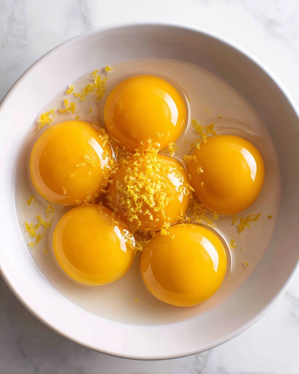 A close-up view of five raw egg yolks with bright golden yellow color, surrounded by clear, shiny egg whites. One yolk has finely grated yellow-orange zest sprinkled on top, adding a textured layer. The eggs are in a simple white bowl, sitting on a white marbled surface. The overall look is fresh and vibrant, showing the glossy, smooth egg whites and the rich, thick yolks with a soft, crumbly zest. Photo taken with an iphone --ar 4:5 --v 7