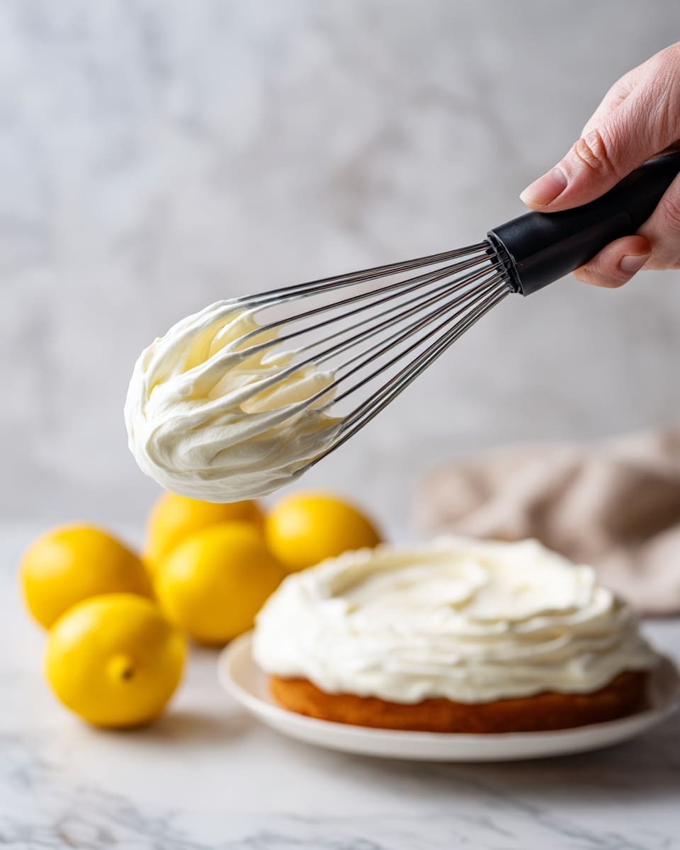 A white frosted cake with two visible layers is shown on a clear glass cake stand, placed on a white marbled surface. The cake is decorated with dark blue blueberries around the base, scattered on the side, and evenly spaced on top. The center of the top layer has a bright yellow glossy lemon curd topping with a pile of blueberries on it. The cake frosting looks smooth but slightly textured, with some small uneven marks. The background is a blurred soft brown wooden texture. photo taken with an iphone --ar 4:5 --v 7