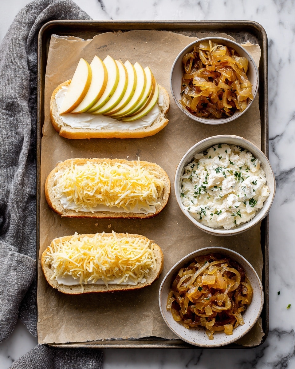 This image shows two slices of bread on parchment paper in a baking tray, each topped with three layers: the bottom layer is a fluffy white spread, the middle layer is a pile of light yellow shredded cheese scattered around the bread, and the top layer is thinly sliced apple pieces arranged in a neat row, slightly overlapping. Two apple wedges rest at the top left corner of the tray. The tray is on a white marbled surface with a gray cloth draped to the left. Below the tray are two bowls, one with a creamy white spread mixed with green herbs and the other with caramelized onions in warm brown and golden tones. Photo taken with an iphone --ar 4:5 --v 7