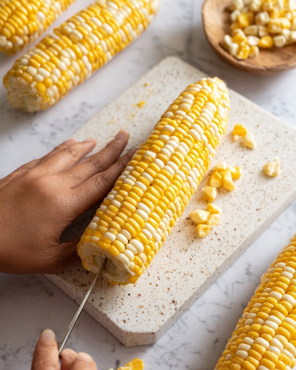 A close-up view shows a woman's hand holding a knife, scraping yellow and white corn kernels off a cob. The corn cob is held in another woman's hand above a white speckled cutting board, which has loose corn kernels scattered on it along with another empty corn cob and a half-cleared cob. The background surface is a white marbled texture, softly lit, giving a fresh kitchen feel. The kernels have a glossy, smooth texture and are arranged in tight rows on the cobs. Photo taken with an iphone --ar 4:5 --v 7