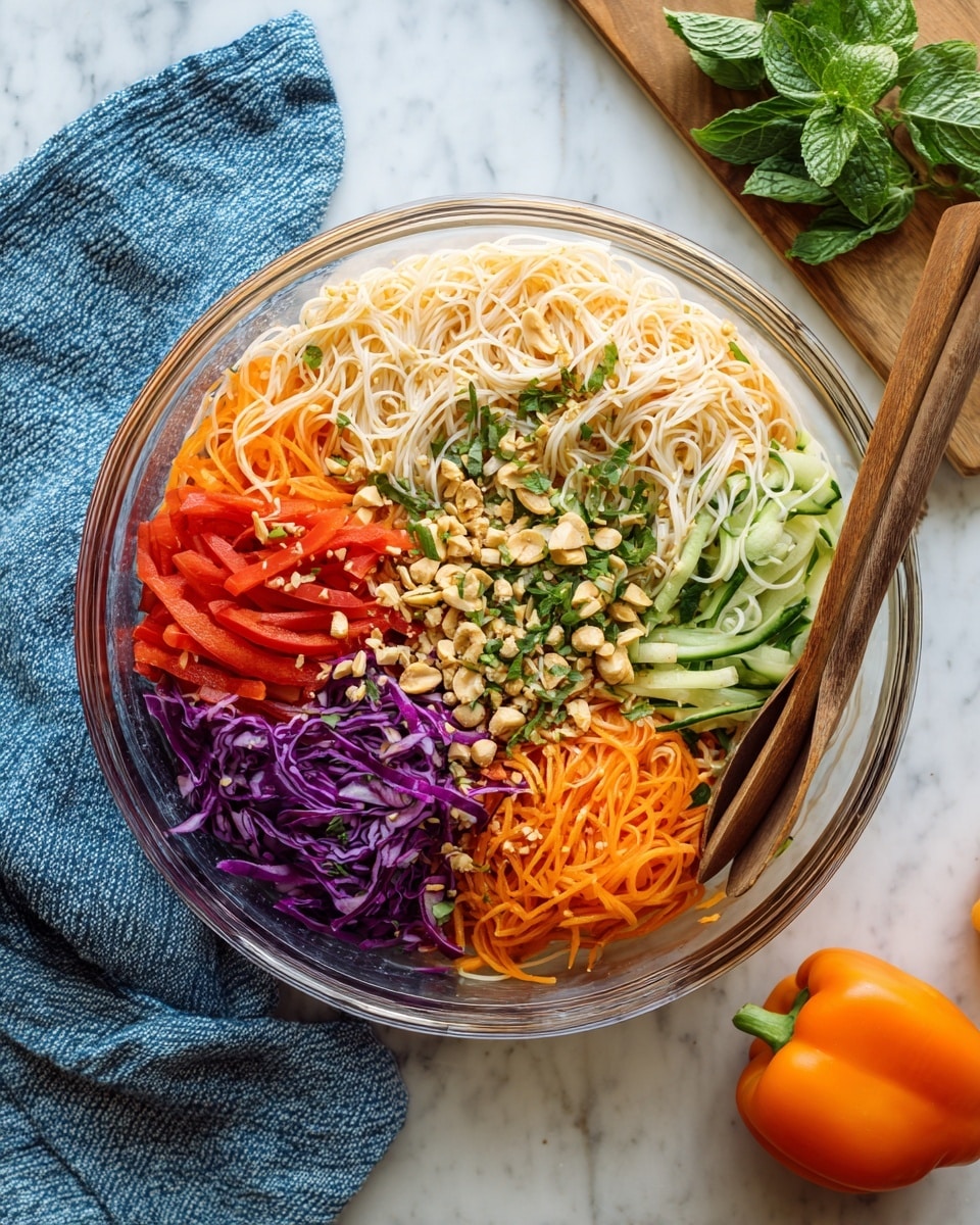 The dish is a bowl of thin white rice noodles mixed with bright and crisp vegetables. The first layer is a base of pale, thin noodles that fill the bowl. On top, there are long slices of orange carrots, red bell peppers, green cucumber, and thin strips of purple cabbage, all mixed evenly. Small green herb leaves and chopped nuts are sprinkled over everything, adding texture and color. The bowl is white and placed on a white marbled surface with a blue textured cloth nearby and an orange bell pepper in the background. photo taken with an iphone --ar 4:5 --v 7