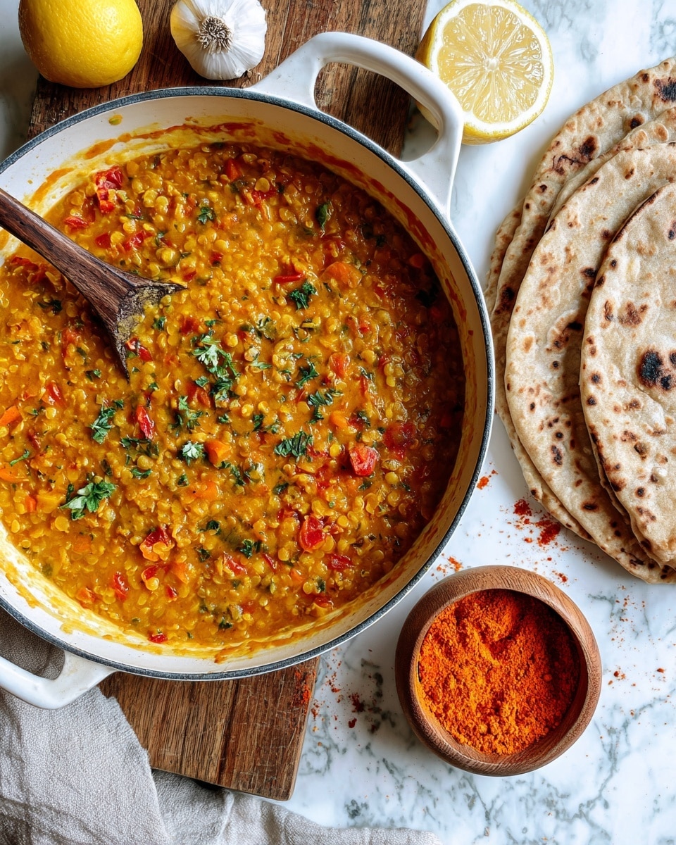 A white pan filled with a thick, orange-yellow lentil stew with visible red tomato pieces and small green herb bits mixed throughout, all sitting on a wooden surface. A halved lemon and a garlic bulb are placed to the top left of the pan, while some round flatbreads with brown spots are stacked partially visible at the right edge. In the bottom right corner, there is a small wooden bowl filled with bright orange-red powder. The scene is set on a white marbled textured surface. photo taken with an iphone --ar 4:5 --v 7