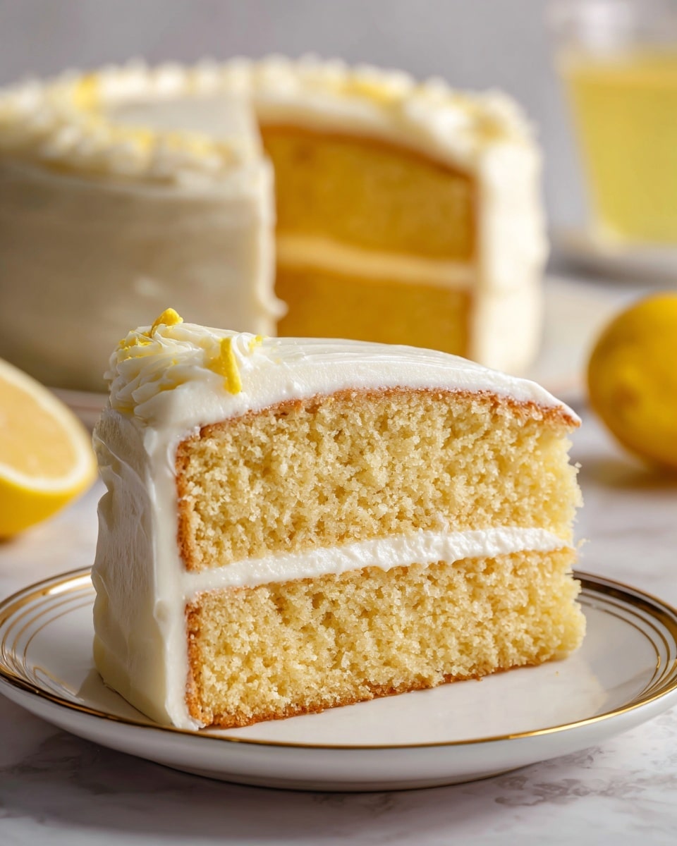 The image shows a slice of yellow cake with two thick layers on a white plate with a thin gold rim. Each cake layer has a soft, crumbly texture and is separated by a smooth, creamy white filling in the middle. The outside of the cake slice is covered evenly with a creamy white frosting. In the blurred background, the remaining larger cake is visible along with a yellow half lemon and a yellow drink, all placed on a white marbled surface. Photo taken with an iphone --ar 4:5 --v 7
