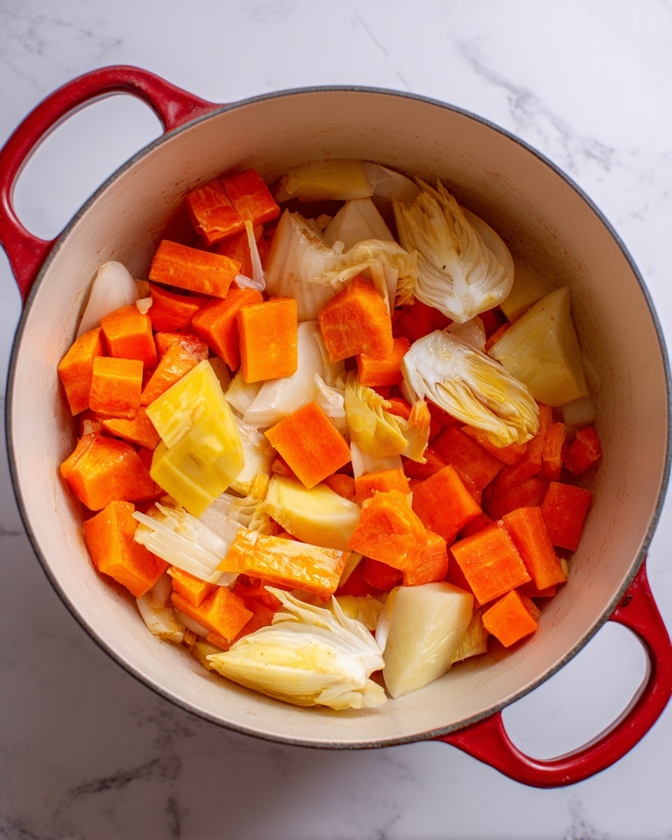 Inside a white pot with a red handle visible on the side, there are large chopped pieces of orange and pale yellow vegetables layered together. The orange vegetables are cut into chunky cubes and slices, mixed with thick pieces of pale yellow vegetables. The vegetables have a slightly shiny surface that shows they might have some moisture or oil on them. The pot is set on a white marbled surface that adds a clean look to the image photo taken with an iphone --ar 4:5 --v 7