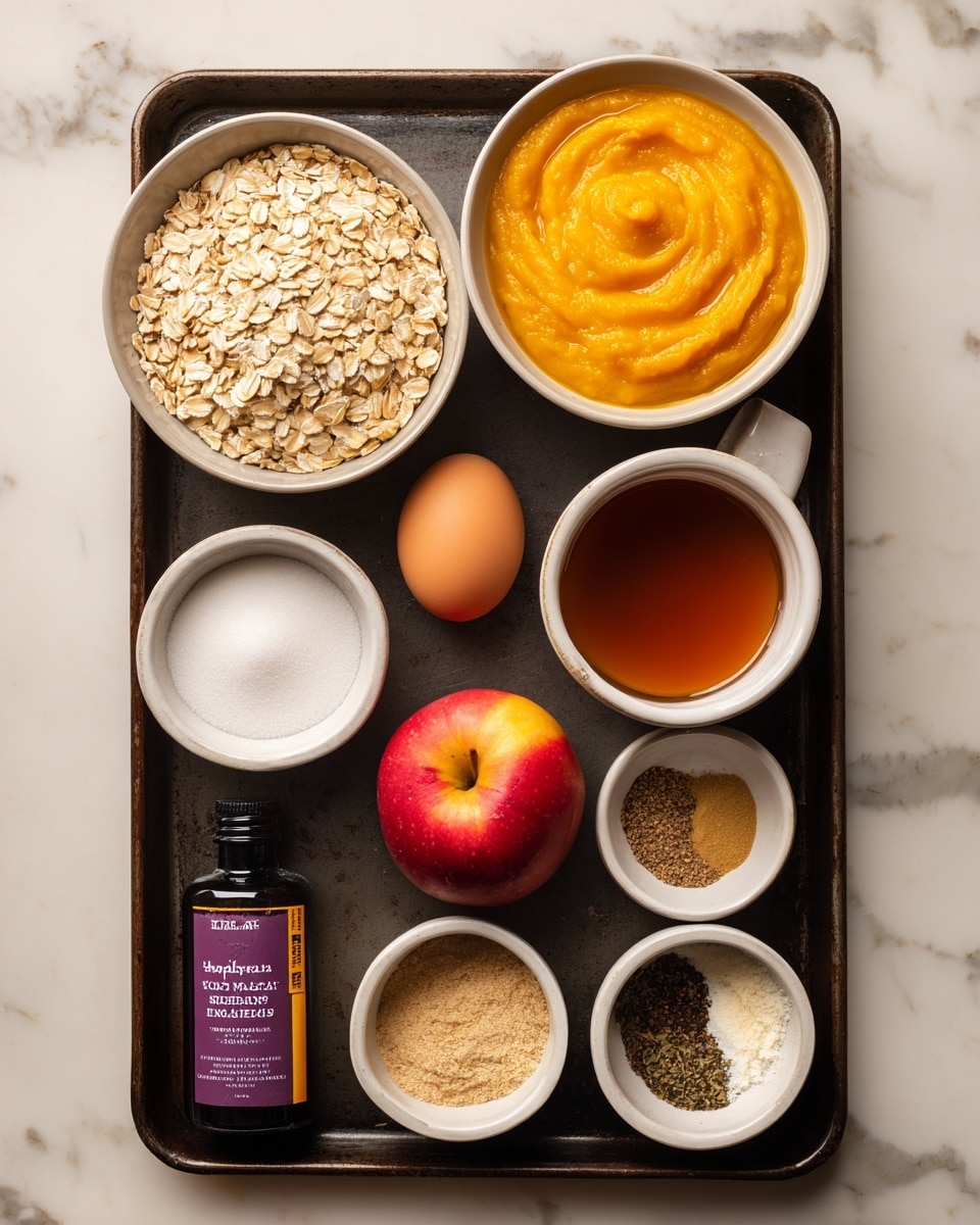 A dark baking tray holds several white bowls and a glass measuring cup placed on a white marbled surface. At the top left is a bowl full of pale beige rolled oats with a rough texture. To the right, a bowl of bright orange smooth pumpkin puree sits. Below the oats is a bowl with amber brown liquid maple syrup. In front of the syrup bowl is another white bowl filled with fine white sugar. Bottom right of the tray shows a smaller bowl with different ground spices in colors of white, beige, brown, and black. Near the spices are a single light brown egg and a bottle labeled