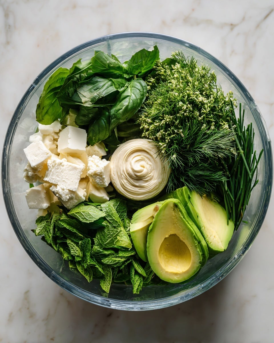 A clear food processor bowl holds a mix of fresh ingredients arranged in sections. At the bottom, bright green mint leaves form a leafy layer. Above and to the left, dark green basil leaves are visible with a smooth texture. Next to the basil, finely feathery dill adds a delicate light green layer. To the upper right side, a cluster of dark green chives with a thin, straight shape stands upright. White chunks of crumbly cheese sit beside the chives. Two halves of a green avocado with smooth, creamy flesh and a hollow center are placed on the right side. In the middle, a round swirl of light beige sauce or dressing adds a smooth, creamy contrast. The bowl sits on a clean white marbled surface. photo taken with an iphone --ar 4:5 --v 7