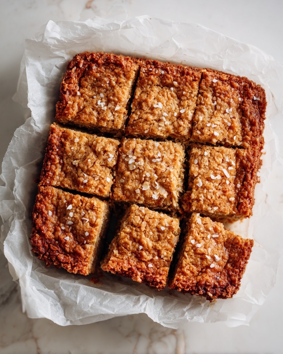 A rectangular baked oat cake, cut into nine uneven square pieces, with a golden-brown color and a rough texture. The top layer is sprinkled with small white oat flakes, giving a slightly uneven surface. The edges are slightly raised and cracked, showing a moist interior. The oat cake sits on white parchment paper placed on a white marbled surface. photo taken with an iphone --ar 4:5 --v 7
