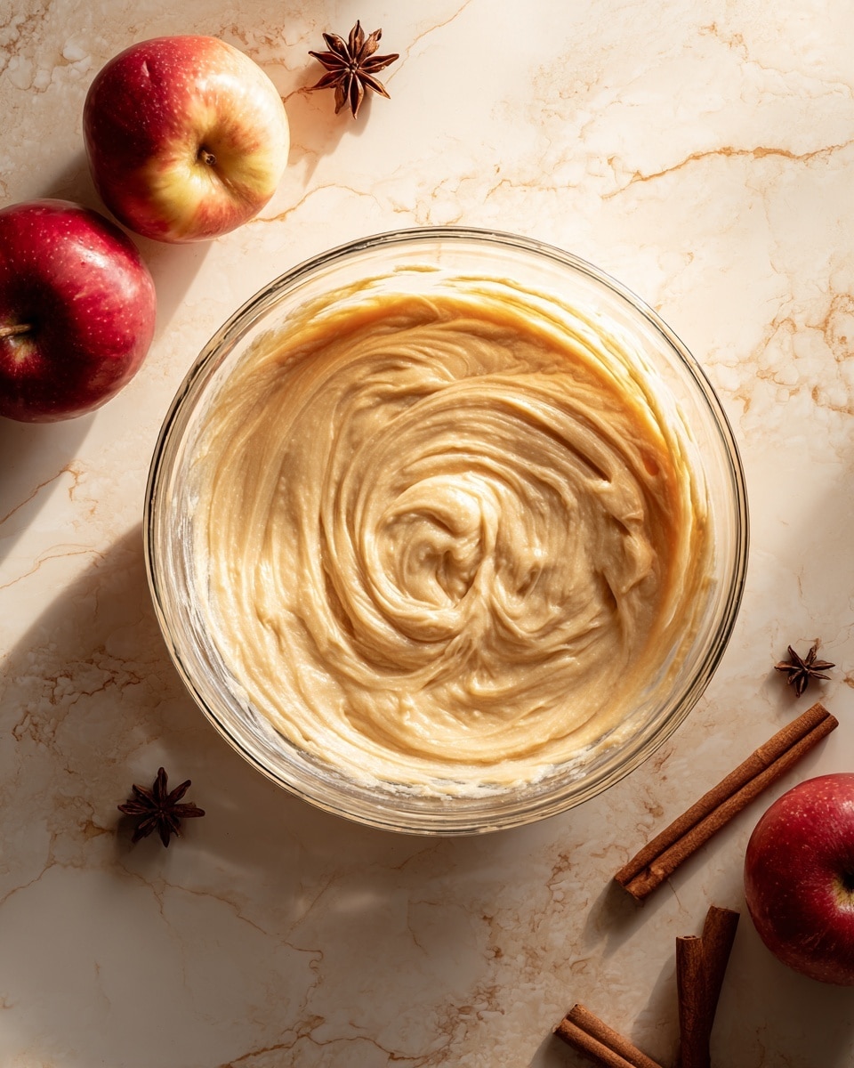A clear glass bowl filled with light beige cake batter that looks creamy and smooth, with swirling patterns on the surface showing it was just mixed. The bowl sits on a white marbled textured surface. Around the bowl, there are two red apples on the top left side, and three cinnamon sticks placed on the top right and bottom left corners. A star anise is near the bottom left cinnamon sticks. The lighting is warm, highlighting the soft texture of the batter and the natural shine on the apples. photo taken with an iphone --ar 4:5 --v 7