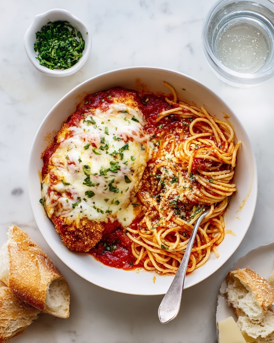 In a white rectangular baking dish with gold handles, there are three large pieces of food covered in bright red tomato sauce, topped with melted white cheese sprinkled with green herbs. The tomato sauce spreads across the dish, showing a thick, chunky texture with bits of herbs and spices. Around the baking dish, a white bowl with green chopped herbs and another white bowl with black pepper and salt are placed on a white marbled surface. At the bottom right, a white speckled small plate holds a piece of light brown bread. photo taken with an iphone --ar 4:5 --v 7