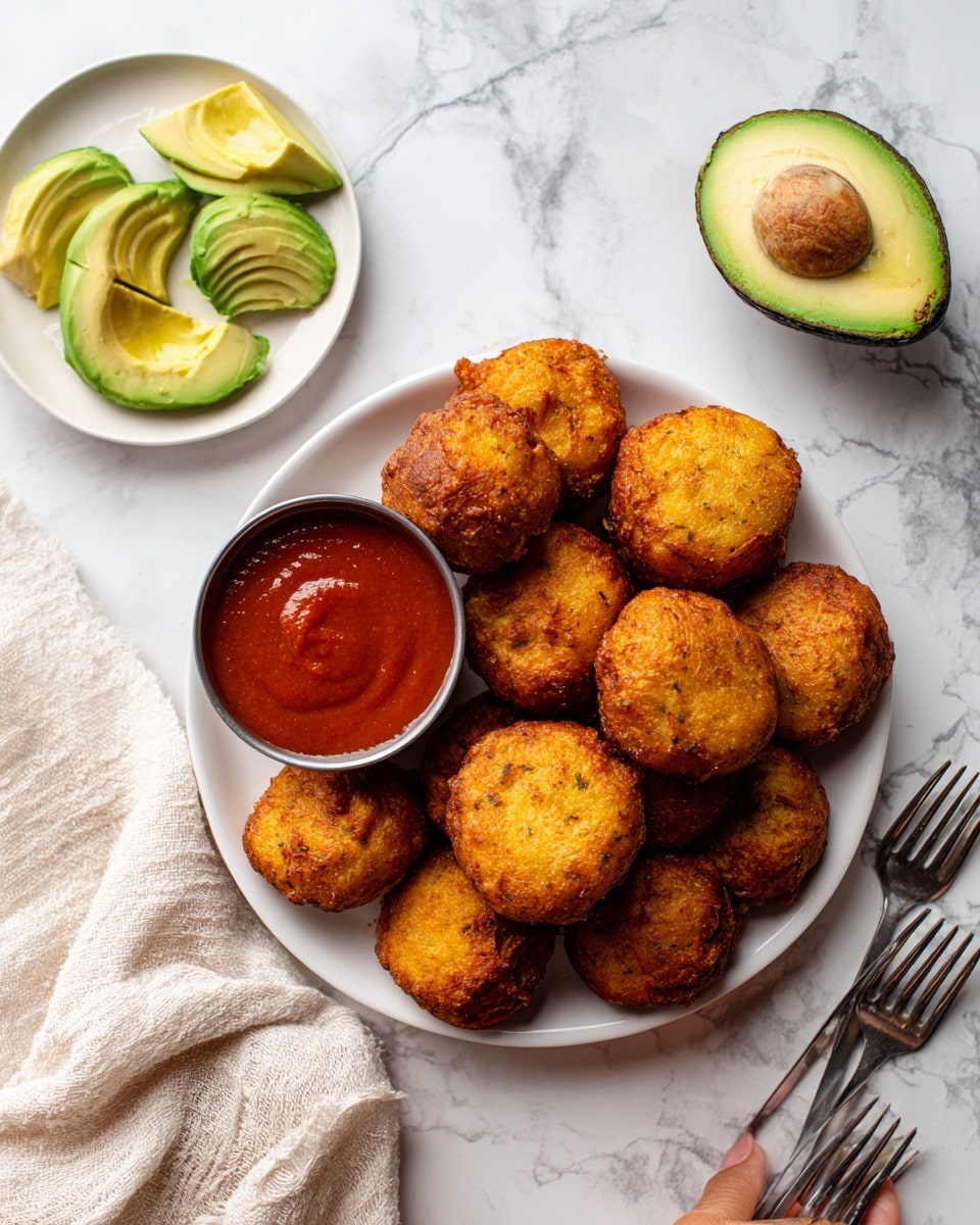 A white plate filled with two stacked rows of round, golden brown fritters with a crispy texture is placed on a white marbled surface. In the center of the plate is a small metal cup filled with smooth, rich red sauce with one fritter partly dipped inside. Nearby, another white plate holds light green sliced avocado pieces and a few more fritters. A half avocado with a dark green peel and a light green inside with a brown seed rests on the marbled surface next to the plates. Two silver forks lie side by side on the right edge of the image, and a woman's hand is slightly visible holding a light fabric cloth. Photo taken with an iphone --ar 4:5 --v 7