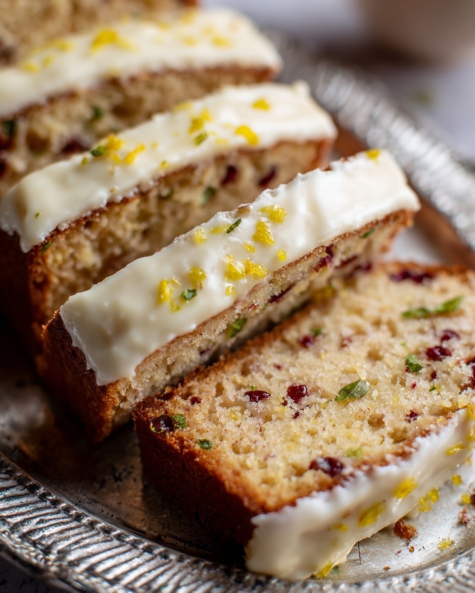 The image shows a loaf cake with a creamy white frosting layer on top, sprinkled with small lemon zest pieces. The cake has two layers: the top layer is smooth white frosting with a slightly glossy texture, and the bottom layer is a moist, light brown cake filled with whole dark purple blueberries scattered inside. The cake is sliced at the front, revealing the inside texture and blueberries. The loaf sits on a clear glass plate with detailed edges, placed on a white marbled surface, with blurred yellow lemons and blue flowers in the background. Photo taken with an iphone --ar 4:5 --v 7