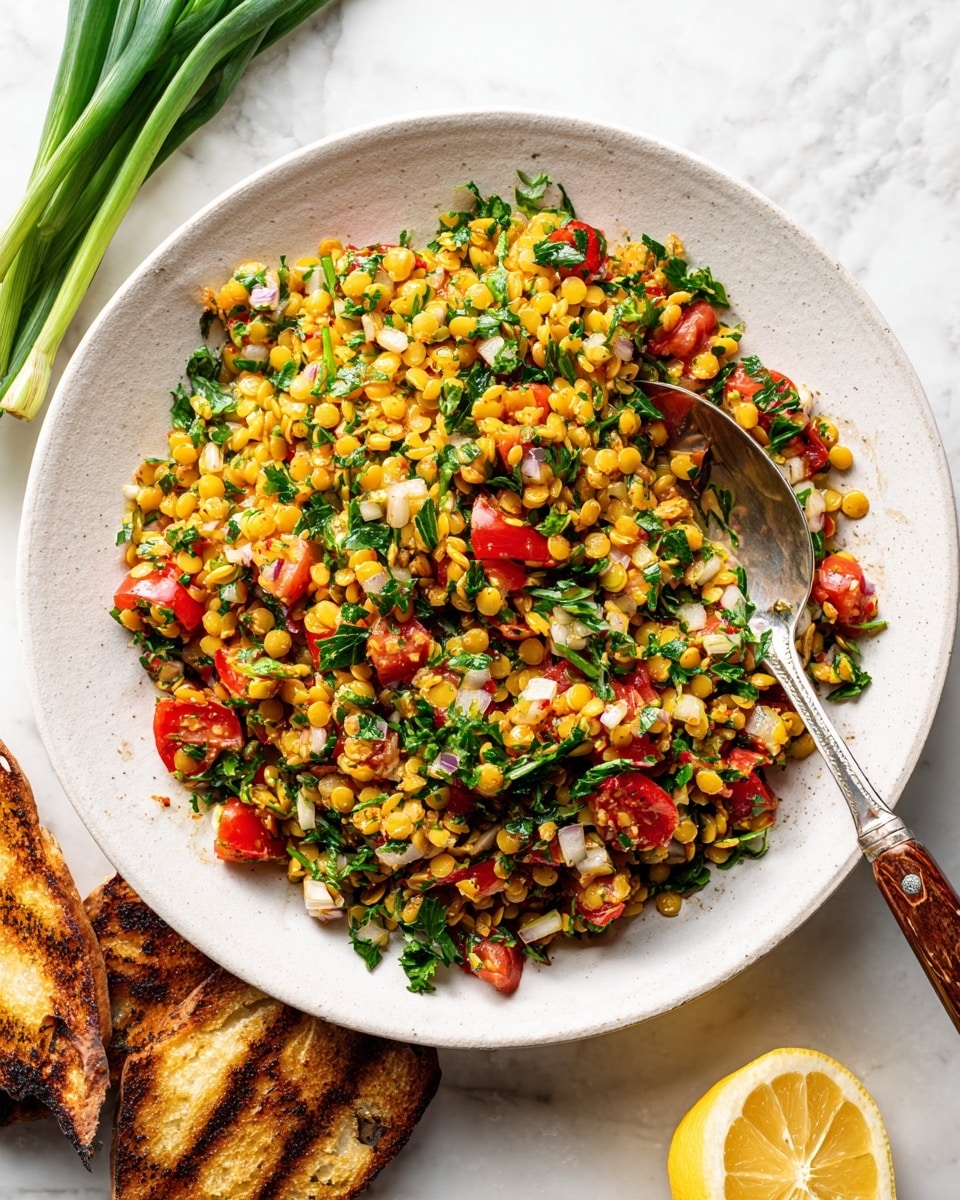 A white plate filled with a vibrant salad made of small yellow lentils mixed with finely chopped green parsley, red tomatoes, and small white onion pieces, all evenly spread across the plate. A silver spoon with a wooden handle rests on top of the salad, scooping some of it. On the white marbled surface next to the plate, there are two green scallions on the top left, two pieces of grilled bread on the bottom left, and half of a lemon on the bottom right, adding extra color and context to the image. Photo taken with an iphone --ar 4:5 --v 7