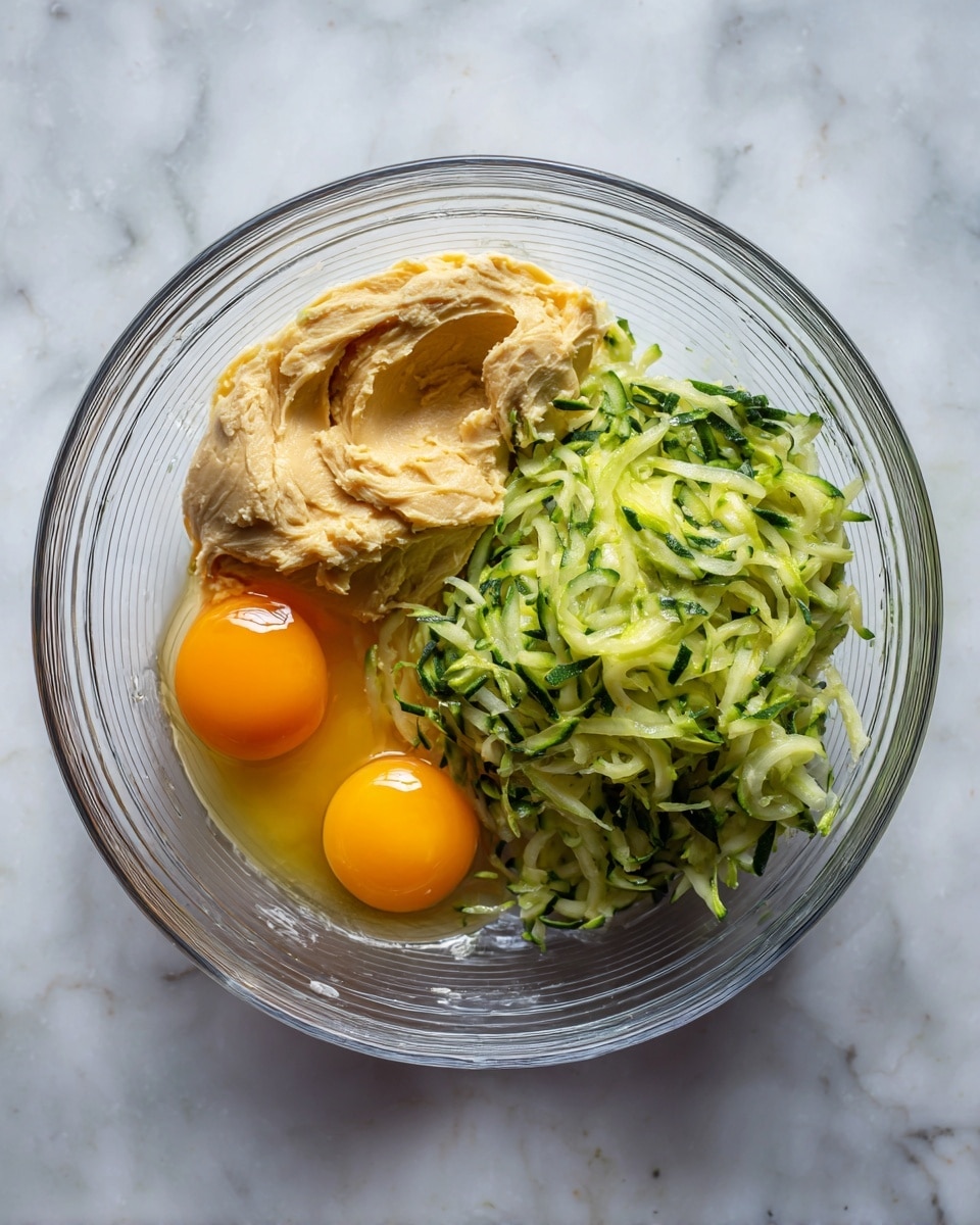 A clear glass bowl sits on a white marbled surface, holding four main layers not mixed yet: on the left, a light beige paste with a soft and smooth texture, in the center two raw egg yolks, one golden yellow and one orange, both shiny and round, and on the right, two piles of shredded green zucchini with darker green skin bits and a moist texture. The bowl is simple with thin concentric rims, and the lighting is bright and natural, highlighting the fresh ingredients. photo taken with an iphone --ar 4:5 --v 7