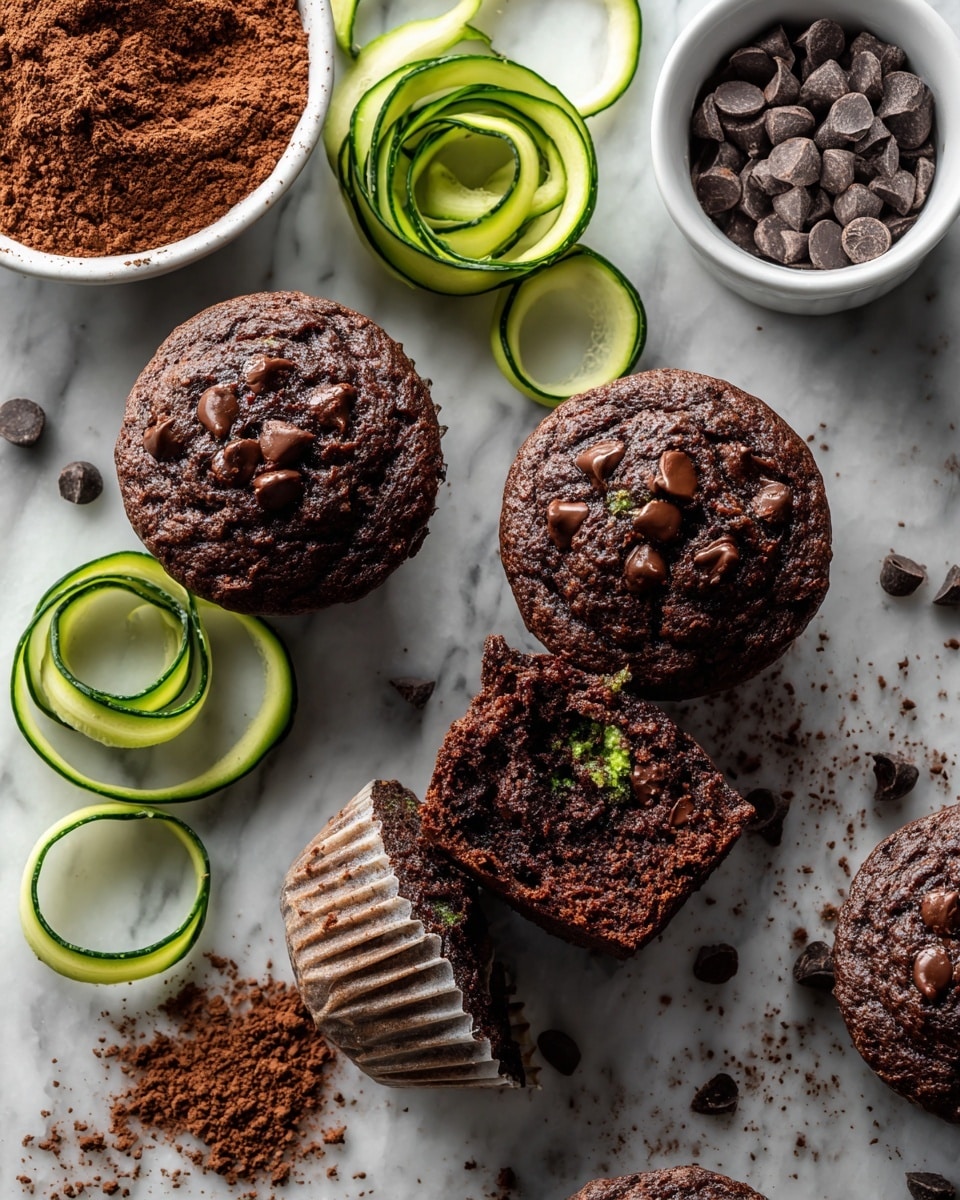 The image shows several chocolate muffins with a dark brown, rough texture dotted with melted chocolate chips. One muffin is unwrapped, exposing its moist and crumbly inside with visible chocolate chunks and a few green specks. There are thin green cucumber ribbons curled nearby, and dark chocolate chips scattered around on a white marbled surface. Two white bowls hold cocoa powder and chocolate chips, adding texture and color variation to the scene. photo taken with an iphone --ar 4:5 --v 7