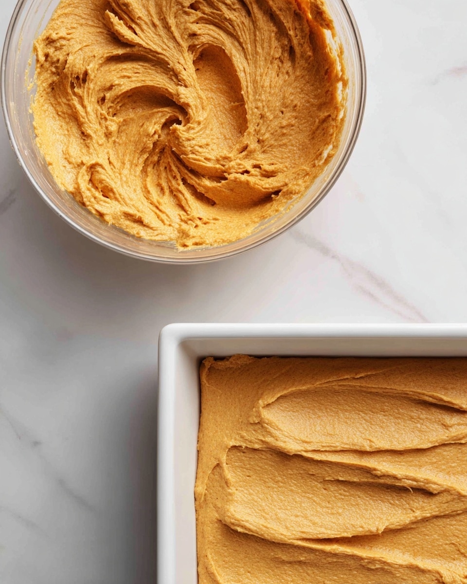 The image shows two views of an orange-brown batter with a thick, slightly textured surface. On the left side is a clear bowl filled with the batter, showing swirls and folds that give it a textured, dense appearance. On the right side is a close-up of the batter spread smoothly and evenly in a white baking pan, with some light ridges and gentle peaks visible on the surface. The background is a white marbled texture. photo taken with an iphone --ar 4:5 --v 7