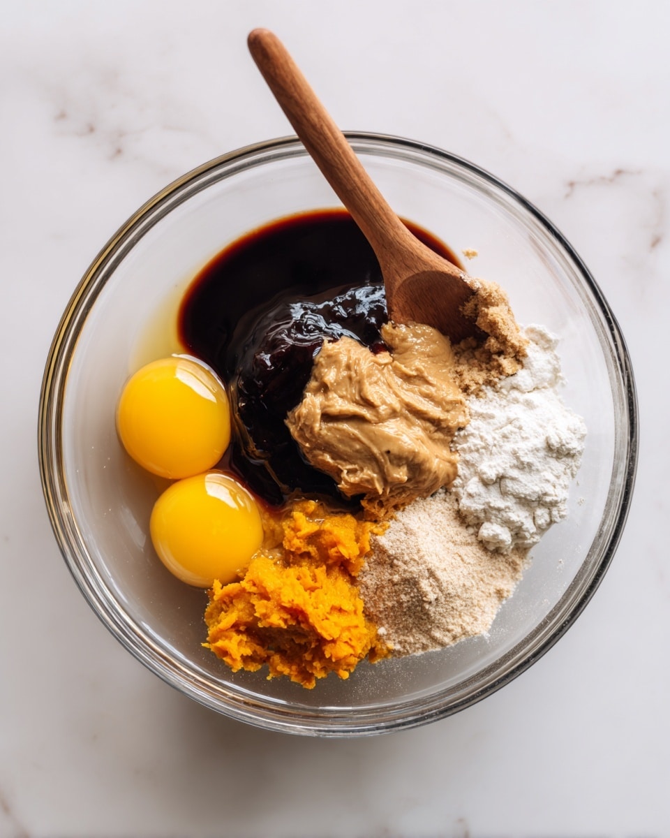 A glass bowl sits on a white marbled surface, filled with various ingredients before mixing. On one side, there are two bright yellow egg yolks next to a thick, light brown creamy nut butter. Adjacent to this is a large dollop of dark, shiny syrup with a wooden spoon partially dipped in it. Near the syrup, there is a soft pumpkin orange puree and small piles of light beige and white powders. All ingredients sit neatly in the bowl, showing their distinct colors and textures clearly. photo taken with an iphone --ar 4:5 --v 7