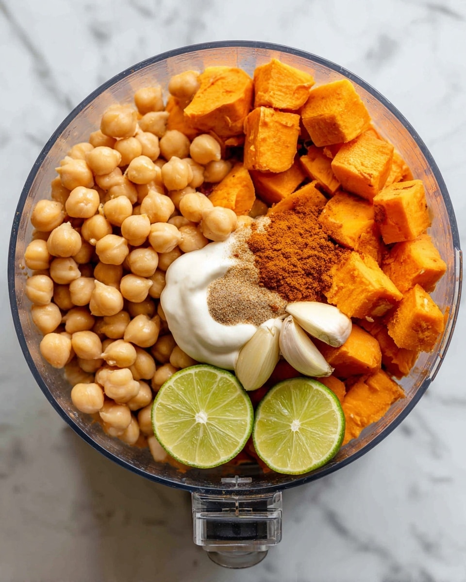 A clear food processor bowl is shown from above, filled with layers of ingredients for a chickpea dish. One side has a layer of light beige chickpeas, next to a pile of bright orange sweet potato chunks. There are two halved lime pieces resting on the chickpeas. Near the sweet potatoes, two garlic cloves lay on top, along with a small heap of light brown spice powder. A dollop of white creamy sauce sits beside the powder. The bowl rests on a white marbled surface. photo taken with an iphone --ar 4:5 --v 7