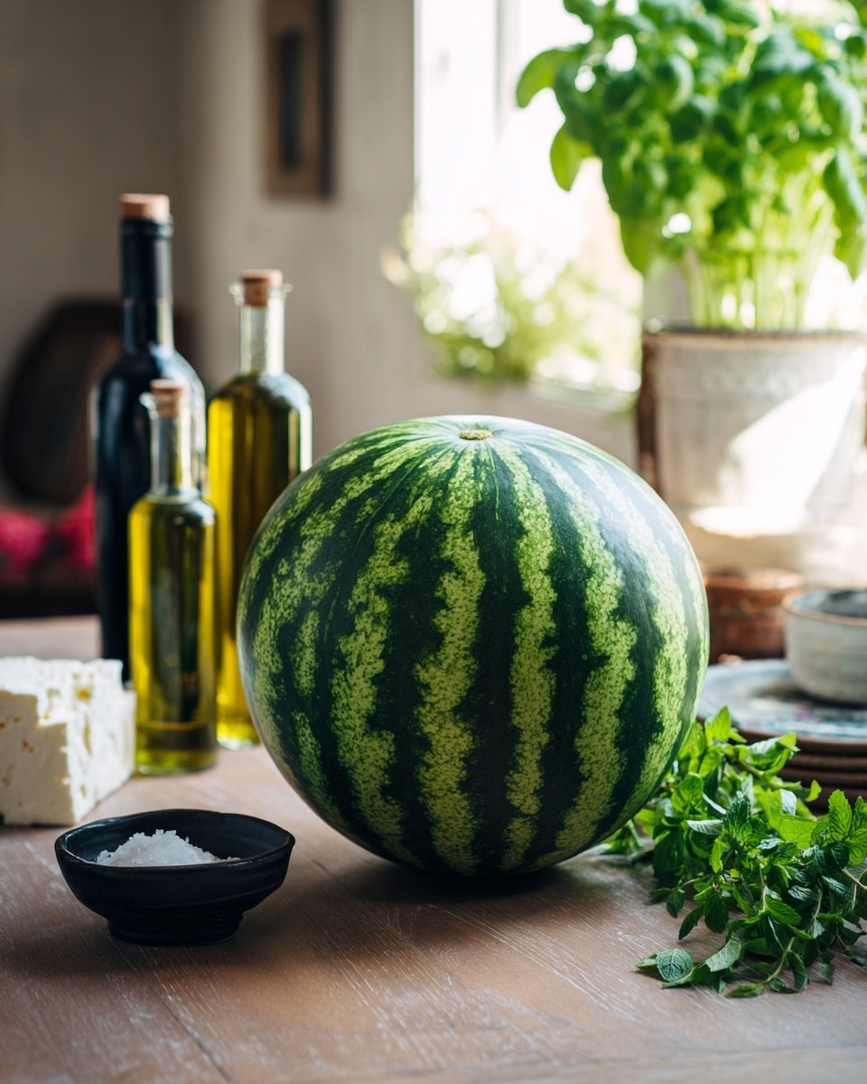 A large green watermelon with light green stripes sits in the middle on a light wooden table, surrounded by a small black bowl of salt on the left, a dark olive oil bottle and a green olive oil bottle behind the watermelon, a white container of feta cheese behind and slightly to the right, and fresh green herbs like basil and mint on the far right. The background shows a bright window light. photo taken with an iphone --ar 4:5 --v 7