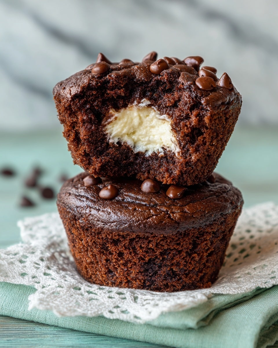 The image shows several dark brown chocolate muffins with chocolate chips scattered on top, each muffin having a small swirl of creamy white cheesecake filling in the center. The muffins are placed on white lace doilies over a green and white striped cloth, all set on a wooden table with a white marbled texture in the background. The muffins look moist and soft with a slightly rough texture from the chips, and they are arranged in a casual cluster, with one muffin in sharp focus in the front. Photo taken with an iphone --ar 4:5 --v 7