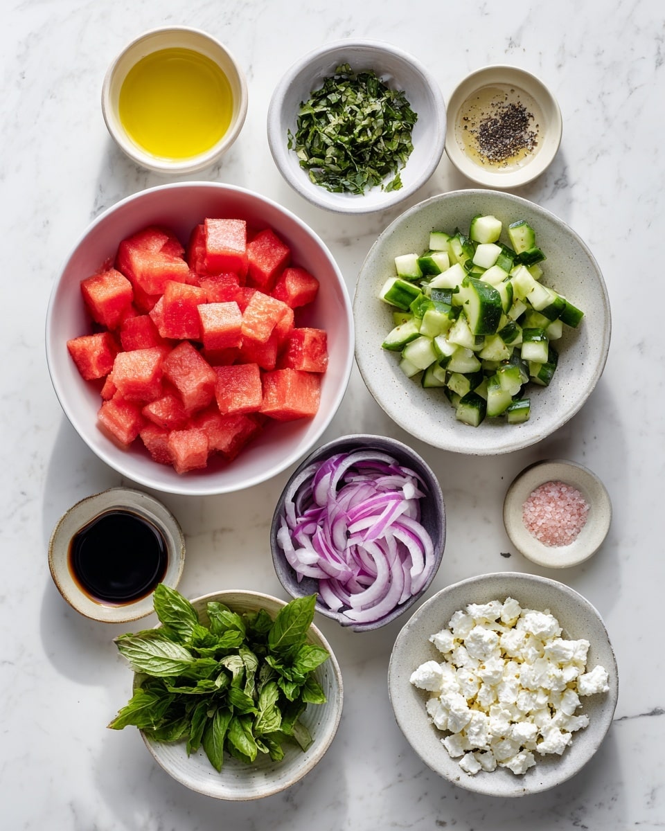 A top view of eight small white bowls arranged on a white marbled surface, each filled with different fresh ingredients for a salad. The largest bowl contains bright red watermelon cubes, another bowl holds green chopped cucumber pieces, a third bowl has white crumbled feta cheese, and a smaller bowl contains finely chopped dark green basil. Additional bowls have chopped mint leaves, thin slices of bright purple and white red onion, golden yellow olive oil, dark brown balsamic vinegar, and a small bowl with pink salt and black pepper. All the bowls have a simple, clean look with the ingredients neatly arranged inside photo taken with an iphone --ar 4:5 --v 7