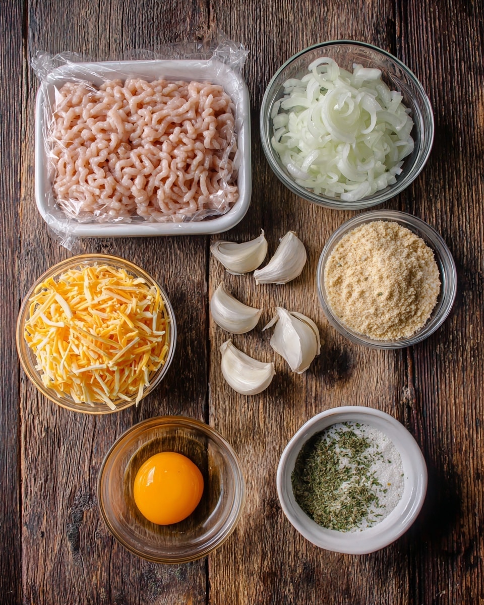 The image shows seven food ingredients arranged on a wooden table with labels in white text above or beside each item. In the top left corner, raw ground chicken is in a white plastic tray covered with clear plastic wrap, showing its light pink squiggly texture. To the right, a small clear glass bowl holds finely chopped white onions. Below the chicken, a small clear bowl contains a raw egg with a bright orange yolk and clear egg white. In the bottom left corner is a small clear bowl filled with shredded cheddar cheese in an orange shade. To the right of the cheddar, there are three peeled garlic cloves placed directly on the table. Above the garlic, a clear bowl holds light-colored bread crumbs that look coarse. In the bottom right corner, a small white bowl contains ranch seasoning, which is white with green herbs mixed in. The surface is a rustic dark brown wood. photo taken with an iphone --ar 4:5 --v 7