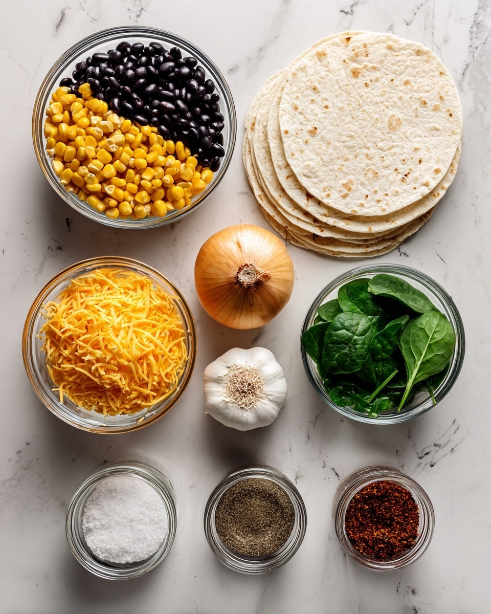 The image shows ingredients for a meal arranged neatly on a white marbled surface. There is a clear glass bowl filled half with bright yellow corn kernels and half with black beans, beside a stack of white flour tortillas on the right. Below the corn and beans, a small clear bowl holds shredded orange cheese, next to a whole garlic bulb and a whole white onion. To the right of the onion, another clear glass bowl contains fresh green spinach leaves. Below these, a small clear bowl of white salt sits alongside small jars filled with light brown cumin, deep red paprika, and dark black pepper. The ingredients are spaced evenly and labeled in black text above or next to each item. photo taken with an iphone --ar 4:5 --v 7