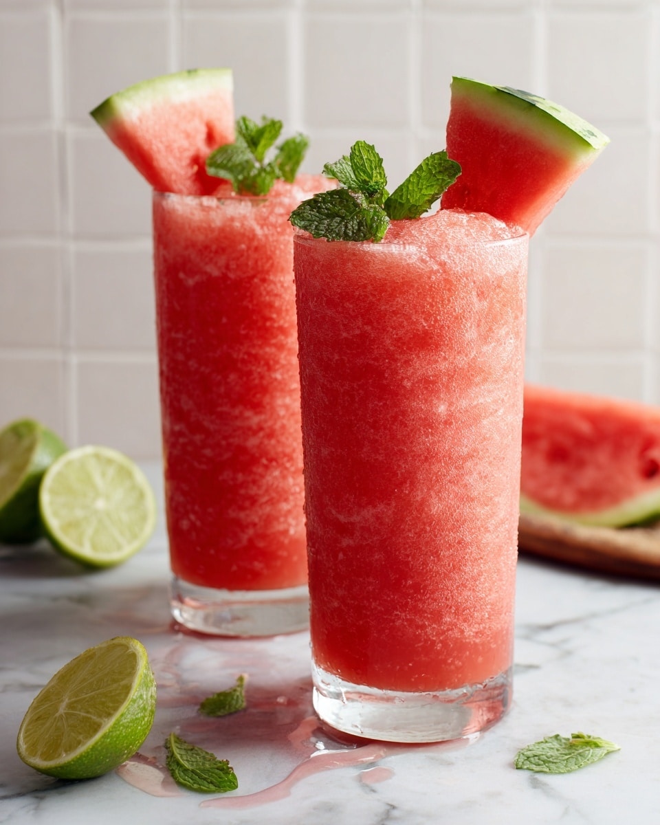 A hollowed watermelon half serves as a bowl filled with a thick, smooth, pink watermelon smoothie, swirling on top with a creamy texture. On the smoothie’s top center, three thin lime slices are arranged in a slightly fanned shape, accompanied by fresh green mint leaves adding a lively touch. The hollow watermelon bowl has a light green rind with dark green stripes on the outside and a pale inner rind visible just below the smoothie. The background is a white marbled surface with some lime wedges scattered around and a whole watermelon half placed slightly blurred in the back left. photo taken with an iphone --ar 4:5 --v 7