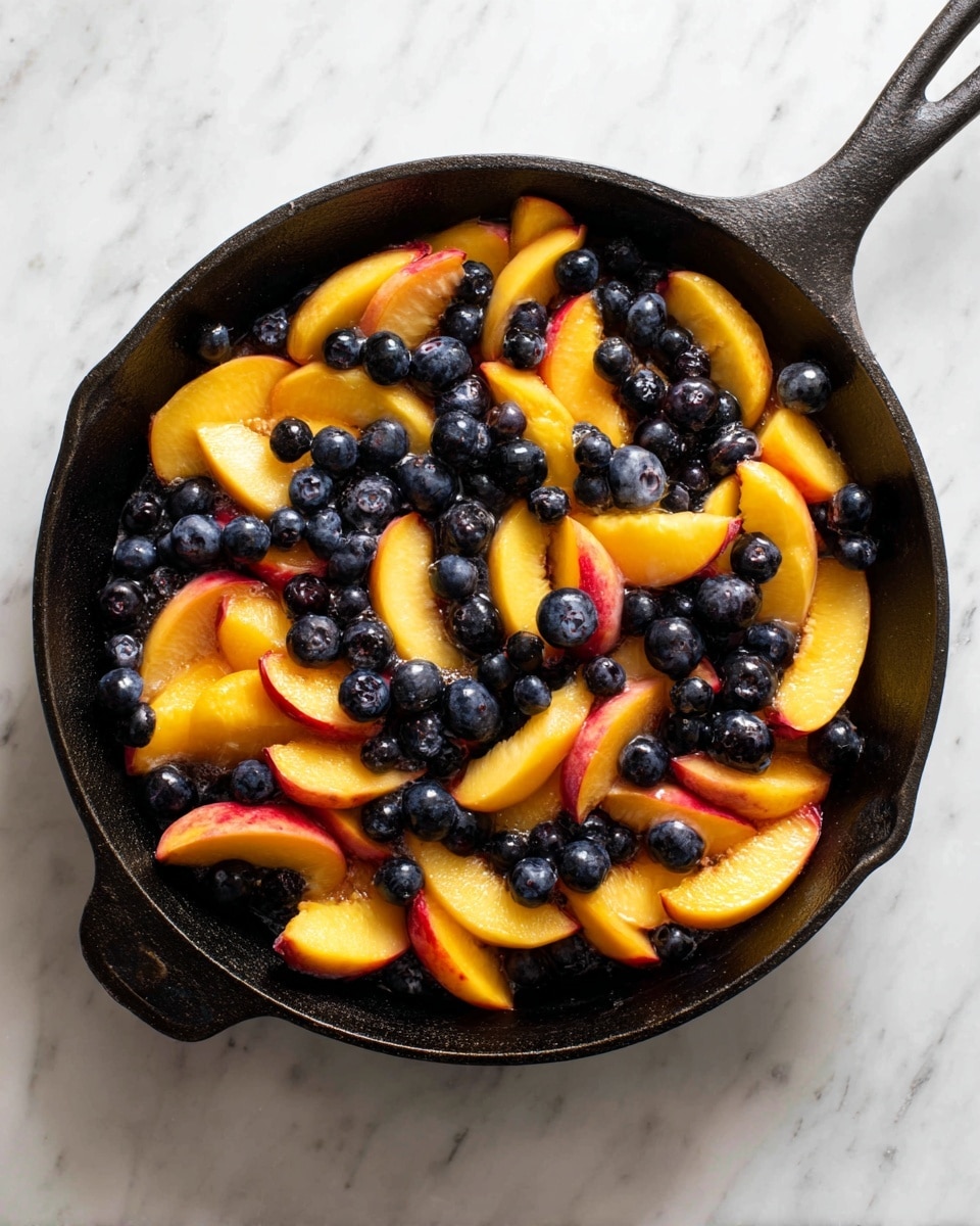 The image shows a black cast iron skillet filled with a fresh mix of sliced yellow peaches and small dark blue blueberries. The fruit pieces are spread evenly across the single layer in the skillet, with some of the peaches showing slight red edges and juicy texture. The skillet rests on a white marbled surface, which adds a clean and bright contrast to the dark pan and colorful fruit. Photo taken with an iphone --ar 4:5 --v 7