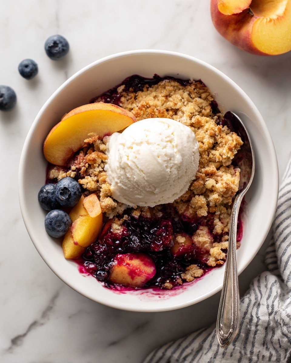 A black cast iron pan holds a peach and blueberry crisp with a rough, golden oat topping scattered unevenly on top. Beneath the topping, a glossy, deep purple-blue fruit filling with hints of red shows through. Three white scoops of vanilla ice cream rest on one side of the crisp, slightly melting at the edges. A wooden spoon lifts a portion of the crisp, showing the thick fruit layer below the oat crust. Around the pan, fresh peaches and blueberries sit on a white marbled surface with a striped cloth nearby. Photo taken with an iphone --ar 4:5 --v 7
