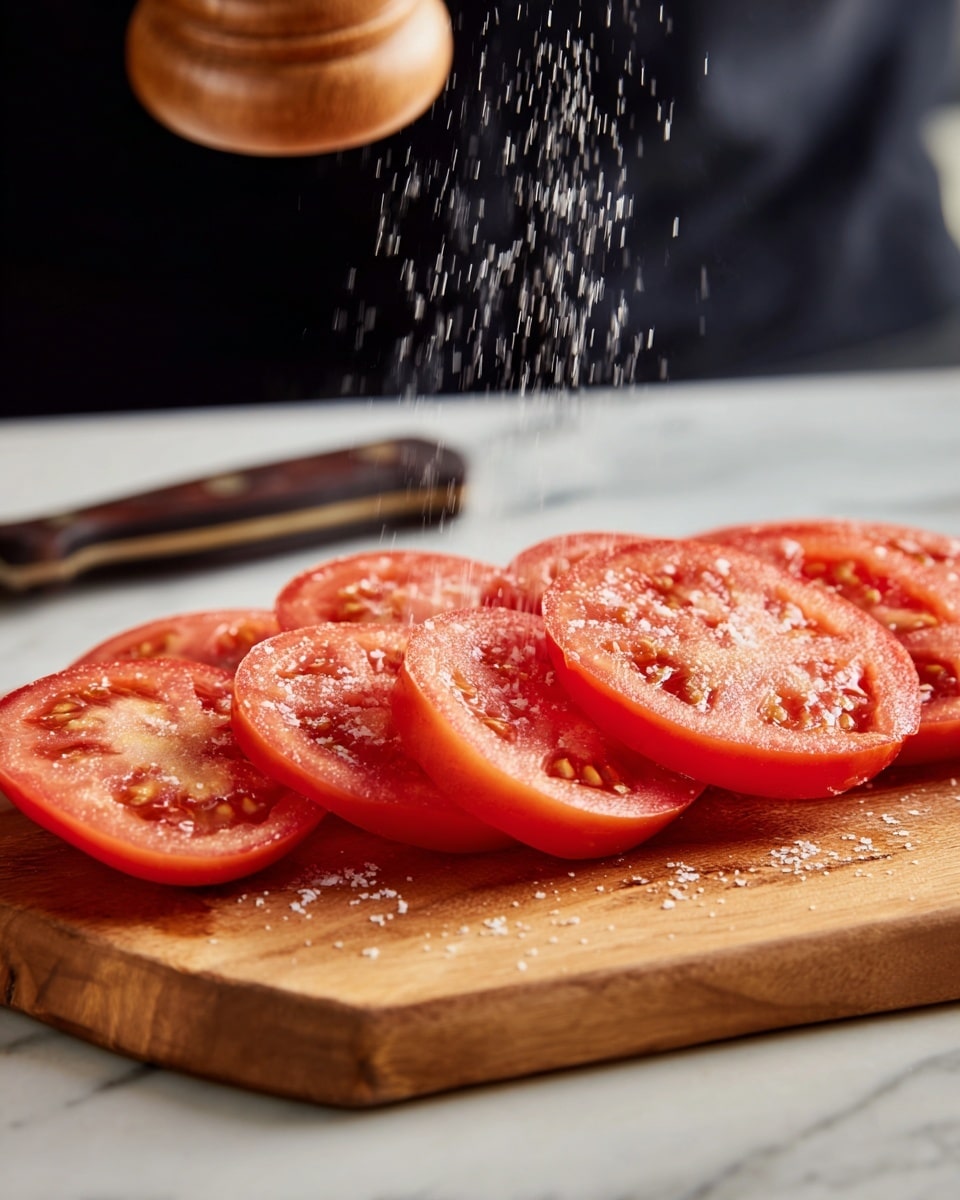 A wooden cutting board holds a single layer of evenly sliced bright red tomato rounds laid side by side with visible seeds and soft texture. Above the slices, coarse salt is being sprinkled from a wooden pepper mill, captured mid-air falling softly onto the tomatoes. The background shows part of a person wearing a black shirt, and the surface under the cutting board is a white marbled texture. A knife with a dark handle rests behind the cutting board. Photo taken with an iphone --ar 4:5 --v 7