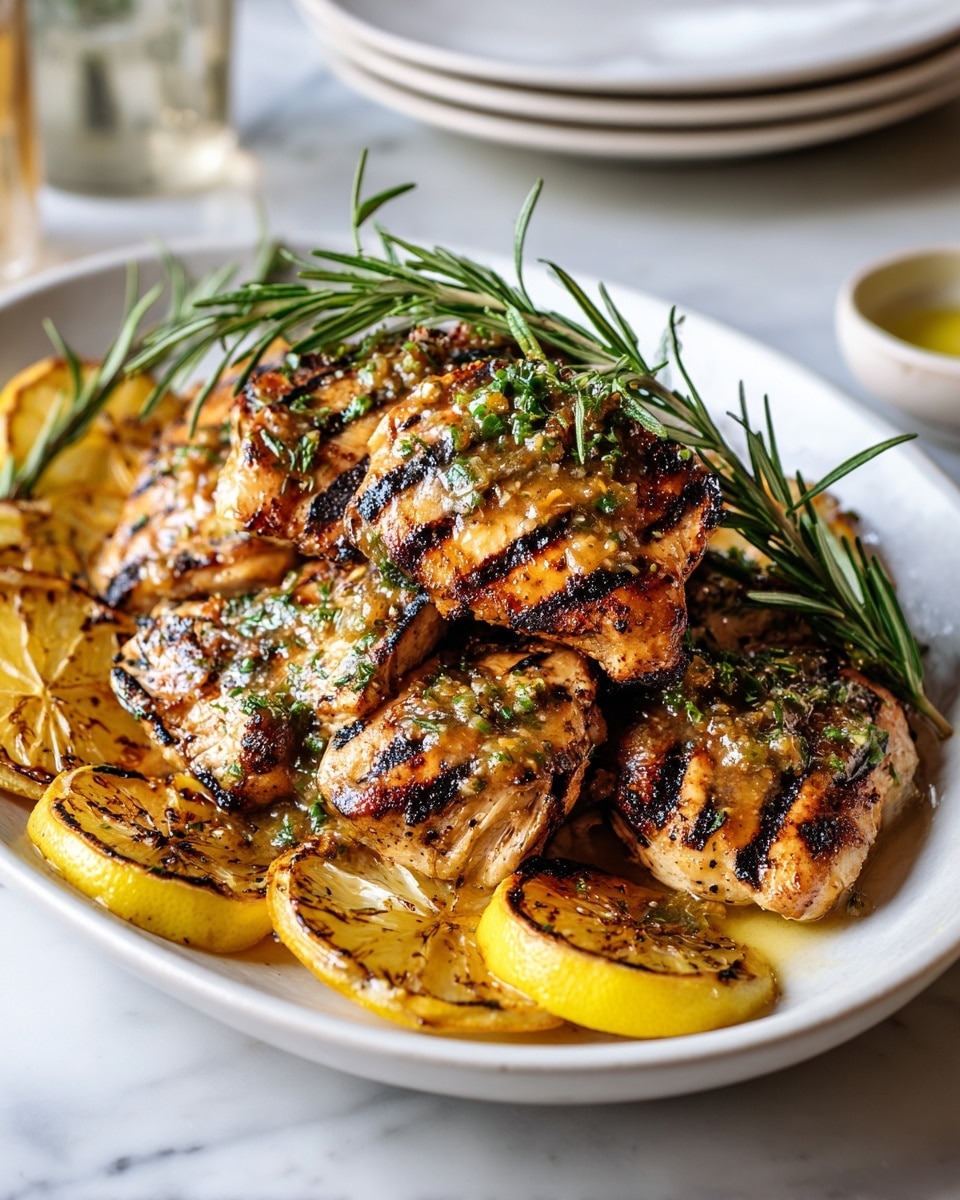 A white plate filled with several grilled chicken pieces stacked over each other, each piece showing clear black grill marks and a glossy mustard seed sauce with green herbs on top. Under and around the chicken are slices of grilled lemon with char marks, arranged mostly on the left side of the plate. Two fresh green rosemary sprigs lie diagonally on top and near the chicken and lemon slices. The plate rests on a white marbled surface with a small part of a white bowl and white plates visible out of focus in the corners. photo taken with an iphone --ar 4:5 --v 7