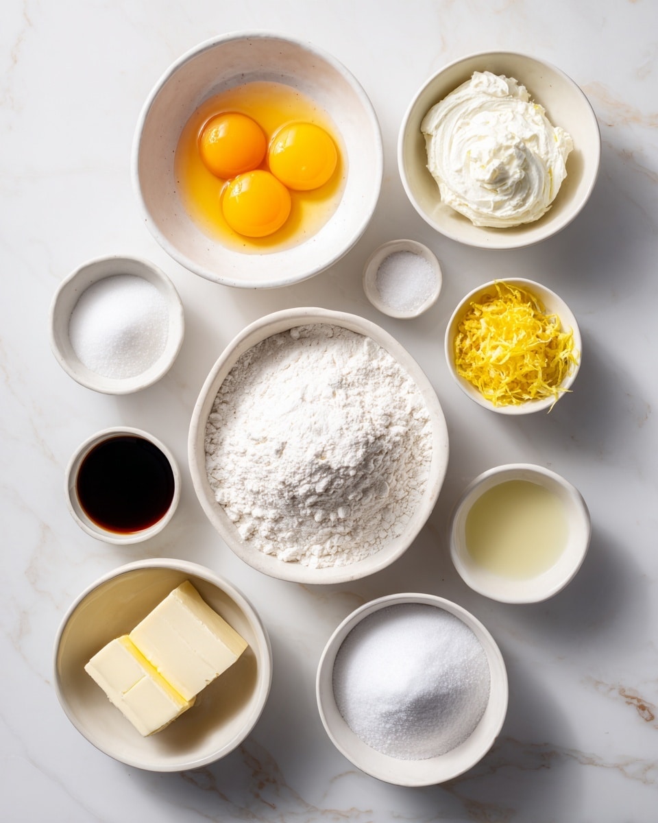 The image shows a flat lay of nine small white bowls and one larger white bowl arranged in a loose circle on a white marbled surface. At the top center is a bowl with two raw eggs and yolks, bright yellow and orange. To the right, a bowl is filled with soft, white cream cheese. Near this, two small bowls hold white salt and white baking soda, respectively. Below them, a small bowl contains dark amber vanilla extract. Towards the bottom left, a larger bowl is filled with white granulated sugar, and next to it, a small bowl has soft, light yellow butter. Moving upward on the left side, a bowl has fresh yellow lemon zest, and finally, a small bowl with pale yellow lemon juice is near the center left. In the middle lies a medium white bowl filled with white all-purpose flour. Everything is arranged neatly, creating a clean, well-organized visual. Photo taken with an iphone --ar 4:5 --v 7