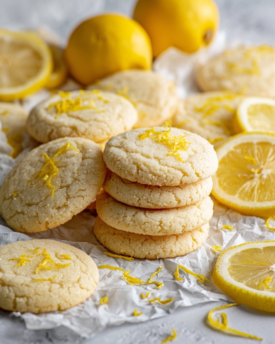 The image shows many round lemon sugar cookies with a light golden color and a soft, slightly cracked texture on top. Some cookies are stacked in pairs, while others lie flat on crumpled white paper over a white marbled surface. Thin strands of bright yellow lemon zest are sprinkled on the cookies, adding texture and color. Fresh, whole yellow lemons and lemon slices are scattered between the cookies, providing fresh contrast with their smooth, shiny skin and bright pulp. The overall look is fresh, light, and inviting. photo taken with an iphone --ar 4:5 --v 7