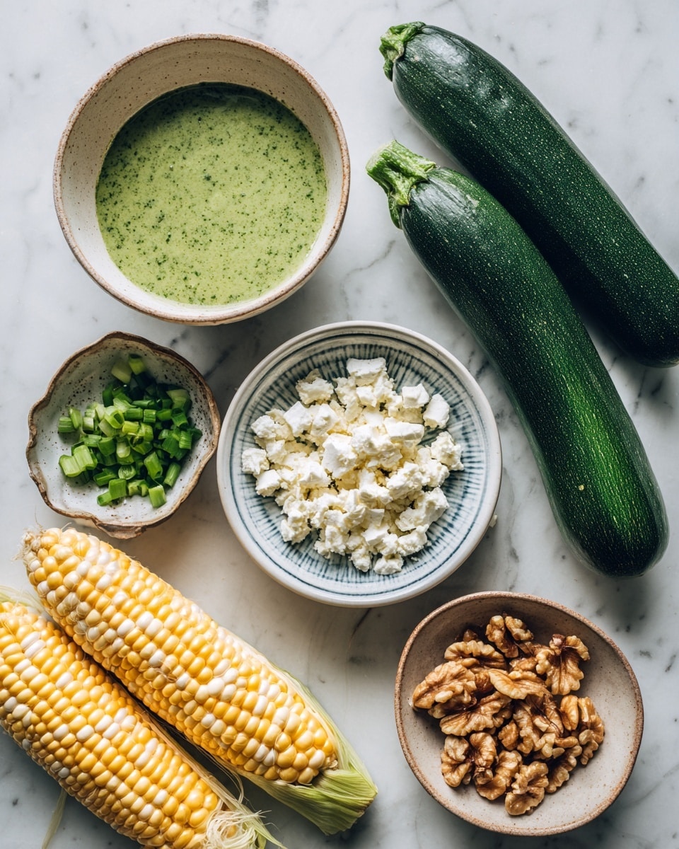 The image shows fresh cooking ingredients laid out on a white marbled surface. At the top left, there is a light beige bowl filled with smooth, green basil vinaigrette. To its right, two whole zucchinis with shiny dark green skin lie side by side. Below the vinaigrette is a white bowl with thin blue stripes holding crumbly white feta cheese. Next to it is a small, rustic bowl with fresh chopped scallions, showing vibrant green layers. Below and to the left, there are three ears of yellow and white corn, their kernels shiny and bright. Lastly, a small white bowl contains halves of light brown walnuts. The overall setup is neat, with fresh textures and colors that stand out against the white marbled background. photo taken with an iphone --ar 4:5 --v 7