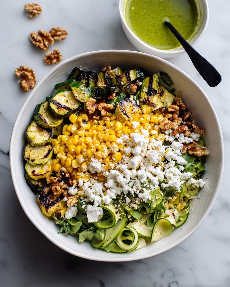 A bowl filled with a colorful salad showing about five layers: the first is a base of grilled green vegetables with charred edges, the second layer has bright yellow corn kernels scattered on top, the third layer includes crumbled white cheese sprinkled evenly, the fourth layer consists of small curved green slices scattered around, and the last layer has light brown walnut pieces spread throughout. In the background, there is a white bowl with a green sauce and a black spoon resting inside. The bowl is placed on a white marbled surface with some walnut pieces scattered beside it. Photo taken with an iphone --ar 4:5 --v 7