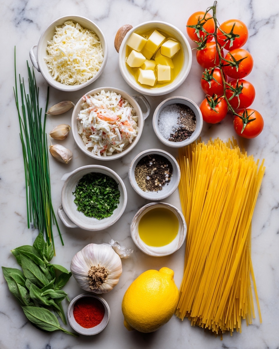 A collection of ingredients arranged neatly on a white marbled surface, including three white small bowls filled with lump crab meat, panko breadcrumbs, and butter cubes. To the right, raw yellow linguine pasta is laid out in a loose bundle. Two bunches of cherry tomatoes, one red and one orange, are placed vertically near the pasta. Fresh green herbs are arranged in bundles; chives are thin and pointy, tarragon has longer narrow leaves, and basil leaves are broad and darker green. Several small white bowls contain coarse salt, mixed salt and pepper, anchovies, pesto, and golden olive oil. A whole yellow lemon and a bright red fresh Fresno pepper are also included, along with a few cloves of garlic and a small bowl of sherry, all organized with space between on the white marbled surface. Photo taken with an iphone --ar 4:5 --v 7