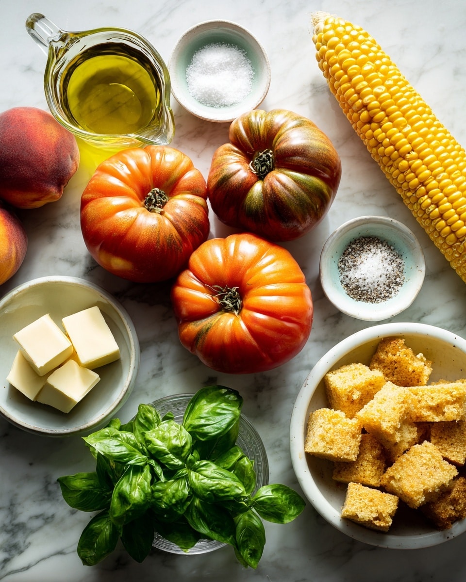The image shows a collection of fresh ingredients placed on a white marbled surface. At the center, there are three heirloom tomatoes with bright red and deep brownish-red colors, showing their natural ribbed texture. To the right, a bright yellow ear of corn stands upright. Surrounding these main items are small white bowls filled with sea salt, white pepper, and salt, each showing finely textured contents. Near the bottom right corner, a clear glass bowl holds crumbly, golden cornbread pieces. A white bowl full of vibrant green basil leaves is at the lower left, with two rich-colored peaches nearby, showing soft fuzzy skin in shades of orange and deep red. A clear glass measuring cup filled with light olive oil is on the left side. Finally, there is a small clear bowl with two pale yellow cubes of butter. The entire setting creates a fresh and colorful scene. photo taken with an iphone --ar 4:5 --v 7