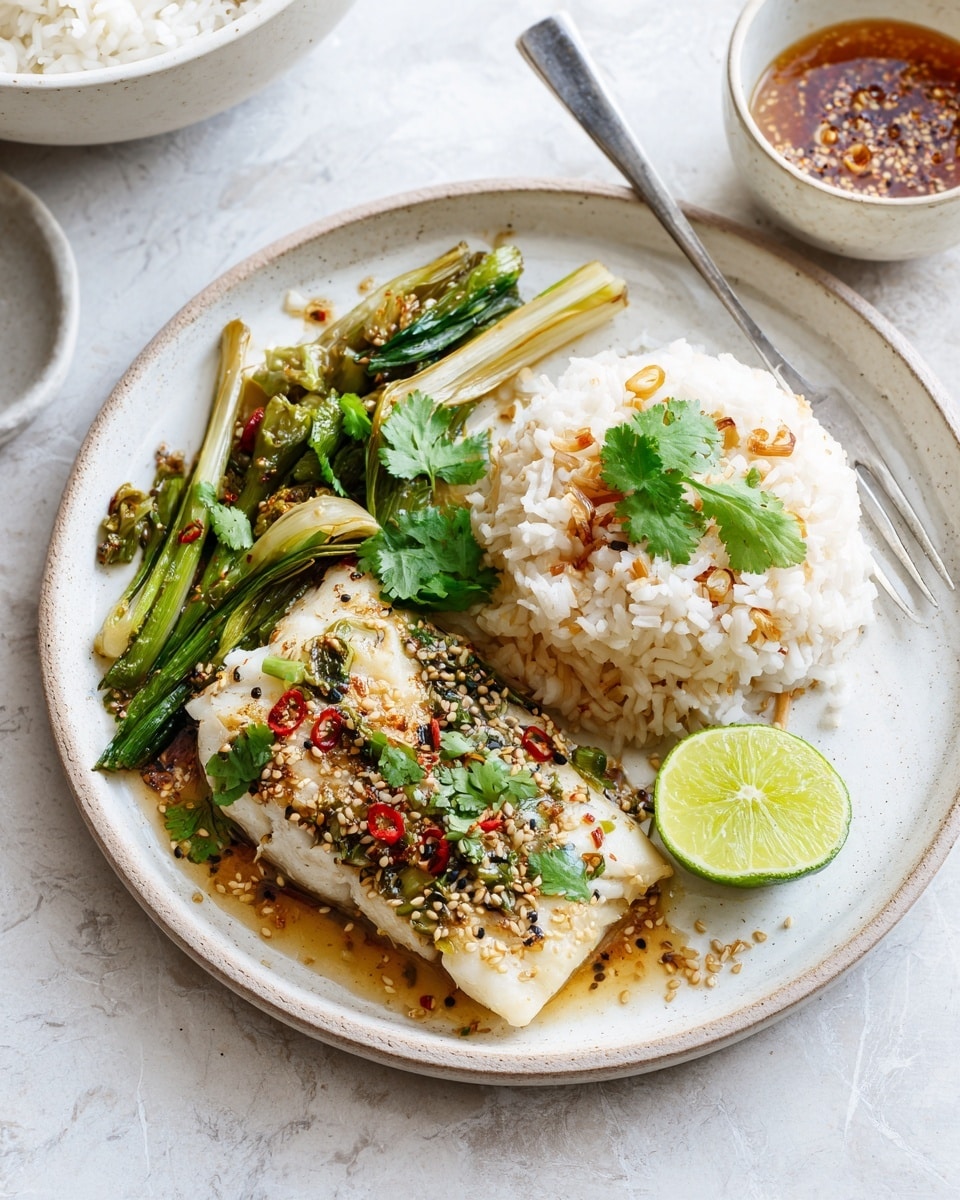 On a white plate with a white marbled surface below, there is a meal with three main parts: on the left side, green cooked vegetables including green onions form a base layer; atop this sits a light beige cooked fish fillet sprinkled with toasted sesame seeds and small green cilantro leaves, with chili oil spots adding specks of dark red color; on the right half of the plate, a mound of fluffy white rice with some light golden tint mixed in is garnished with a few cilantro leaves; near the top right edge of the fish is a bright green lime wedge; a silver fork lies on the left edge of the plate, touching the vegetables and fish; in the blurry background on the upper edges, a white bowl with white rice and a small white bowl with brown sauce and sesame seeds are visible. Photo taken with an iphone --ar 4:5 --v 7