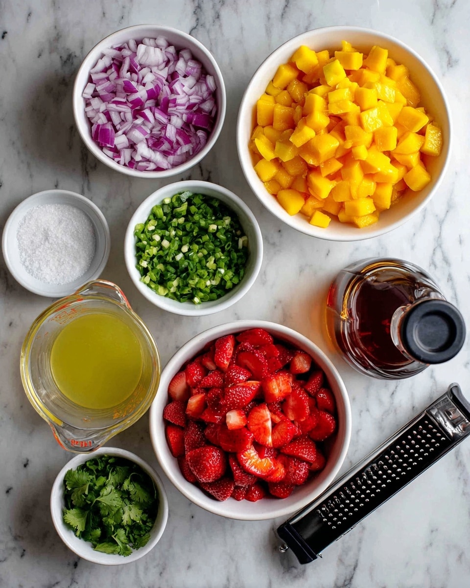 The image shows seven white bowls and a clear container arranged on a white marbled surface. Starting from the top left, the first bowl holds finely chopped red onions in pale purple and white colors. Next to it is a large bowl filled with bright yellow diced mango pieces. Below, a small bowl contains finely chopped green jalapeño peppers, placed next to a clear measuring cup with light yellow lime juice. A large bowl in the center bottom is filled with bright red chopped strawberries. To the left of the strawberries, a small white bowl holds fresh green chopped cilantro. Near the cilantro is another small bowl with white salt. A black-handled grater with green lime zest on it is placed diagonally over the mango and jalapeño bowls. To the right at the bottom is a partially visible dark brown honey bottle. The items create a colorful and fresh arrangement on the white marbled background. photo taken with an iphone --ar 4:5 --v 7