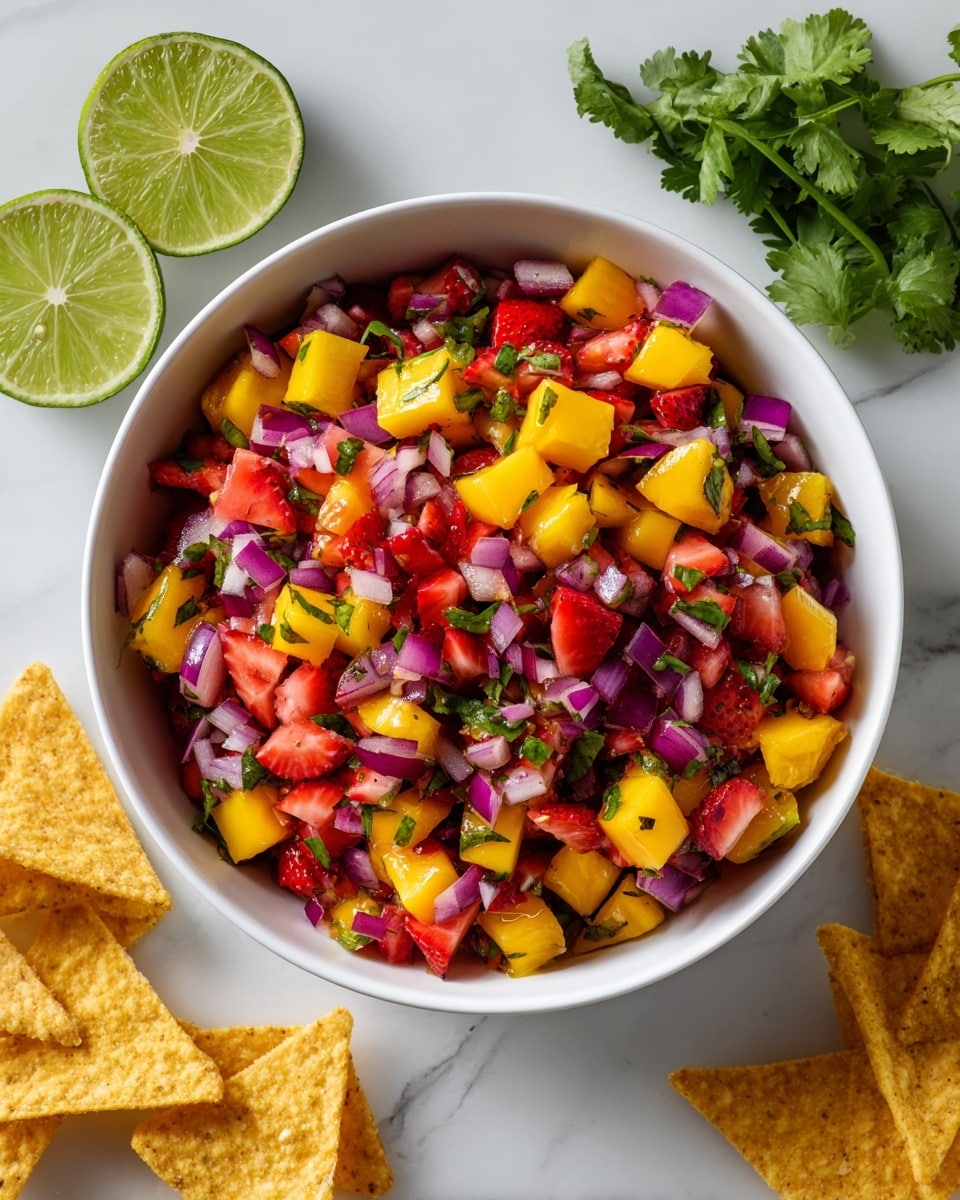 A white bowl filled with a colorful mix of diced red strawberries, bright yellow mango cubes, and purple onion pieces, all mixed with small green herbs and bits of jalapeño, giving a fresh and vibrant look. Around the bowl, there are fresh lime wedges, green cilantro leaves, and triangular corn chips arranged on a white marbled surface. The image is bright and clean with the ingredients looking fresh and juicy, showing different textures from soft fruit to crispy chips. photo taken with an iphone --ar 4:5 --v 7