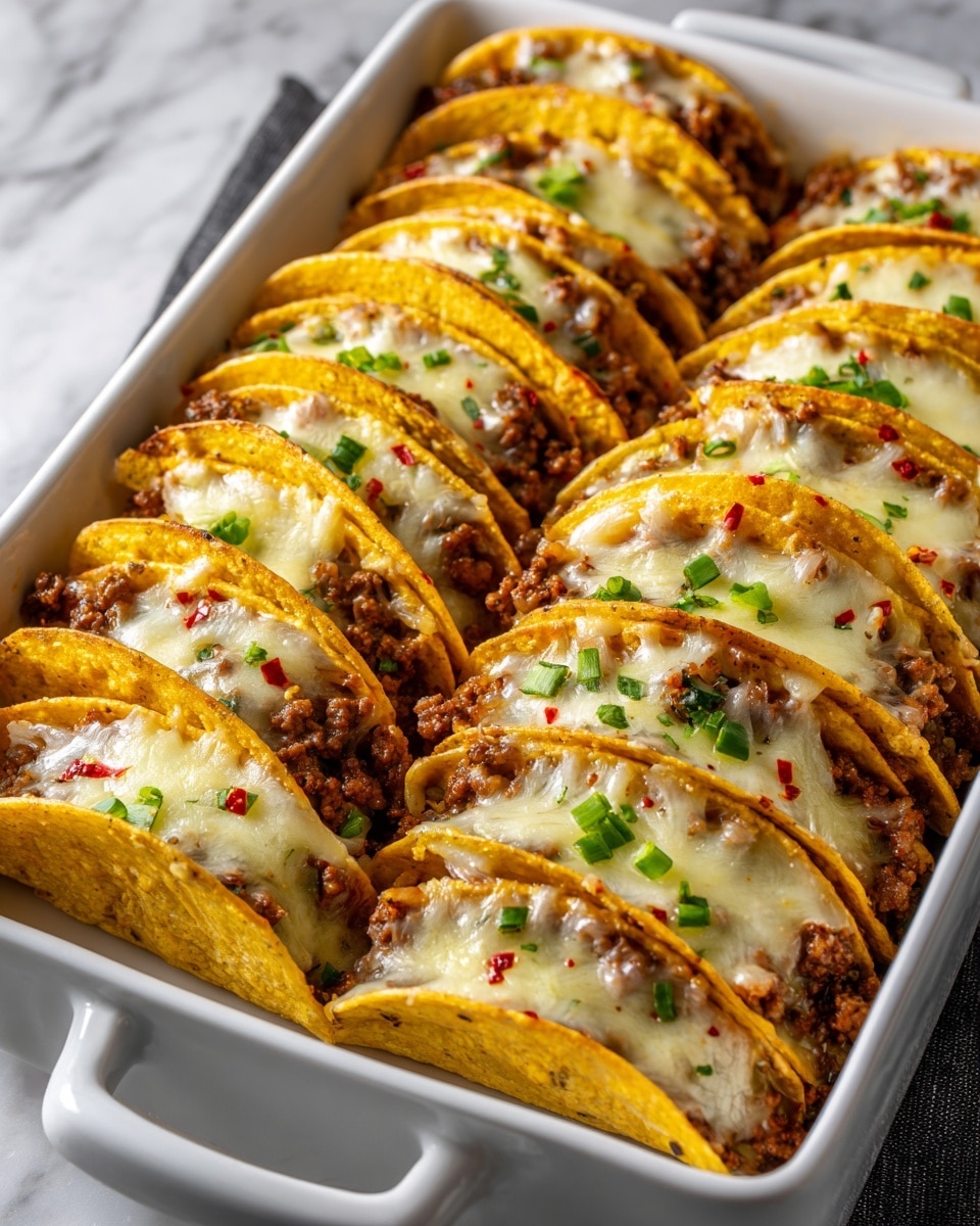 The image shows a white rectangular dish filled with baked tacos standing upright in two neat rows. Each taco has a golden-brown toasted tortilla shell filled with a thick mixture of ground meat and melted cheese. The cheese is creamy white with slightly browned spots and is generously melted over the filling, giving it a rich, bubbly texture. There are green herbs and small red chili flakes sprinkled on top of the tacos, adding a touch of color and freshness. On the side of the dish, there are chopped green onions for garnish, with a white marbled texture surface underneath the dish. photo taken with an iphone --ar 4:5 --v 7