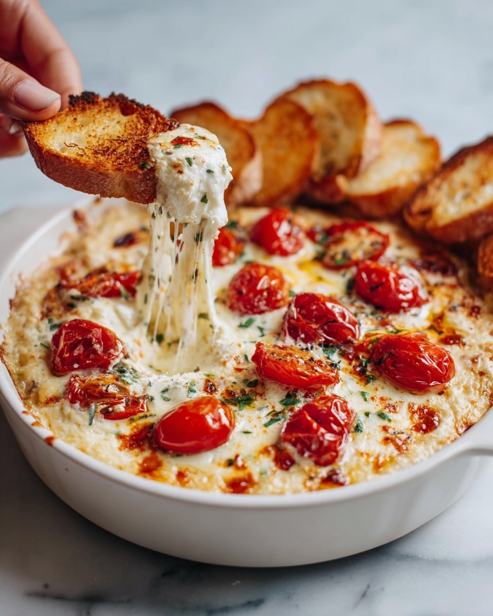 The image shows a white shallow dish filled with a melted cheese dip that is creamy white with green herb pieces mixed inside it. On top of the dip, halved bright red cherry tomatoes are spread evenly. Toasted golden brown bread slices are placed around the edges partially dipped into the cheese, and one bread slice is being lifted by a woman's hand with stringy melted cheese stretching from the dip to the bread. The dish is set on a white marbled surface with a soft natural light highlighting the textures and colors. photo taken with an iphone --ar 4:5 --v 7