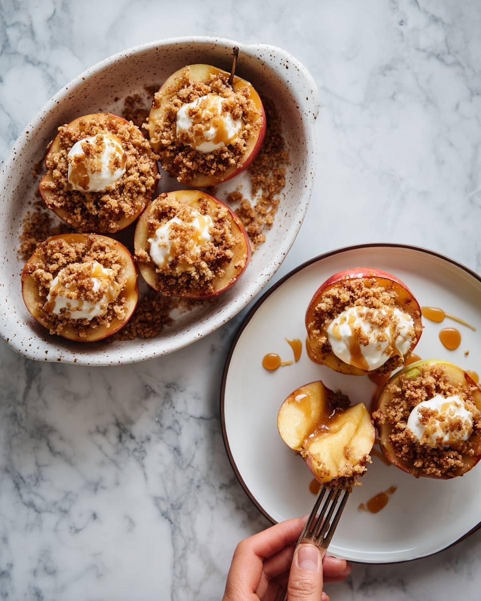 The image shows baked apple halves arranged in two scenes. On the left, six apple halves are placed in a white speckled dish on a white marbled surface, each topped with a light brown crumbly streusel filling. On the right, four apple halves are served on a white plate with a thin dark rim, sitting on a white marbled surface. Each apple half is layered with the same crumbly topping, a dollop of white whipped cream, and a drizzle of caramel sauce. A woman's hand holding a fork is lifting a piece of one apple, showing the soft, cooked texture inside. Photo taken with an iphone --ar 4:5 --v 7